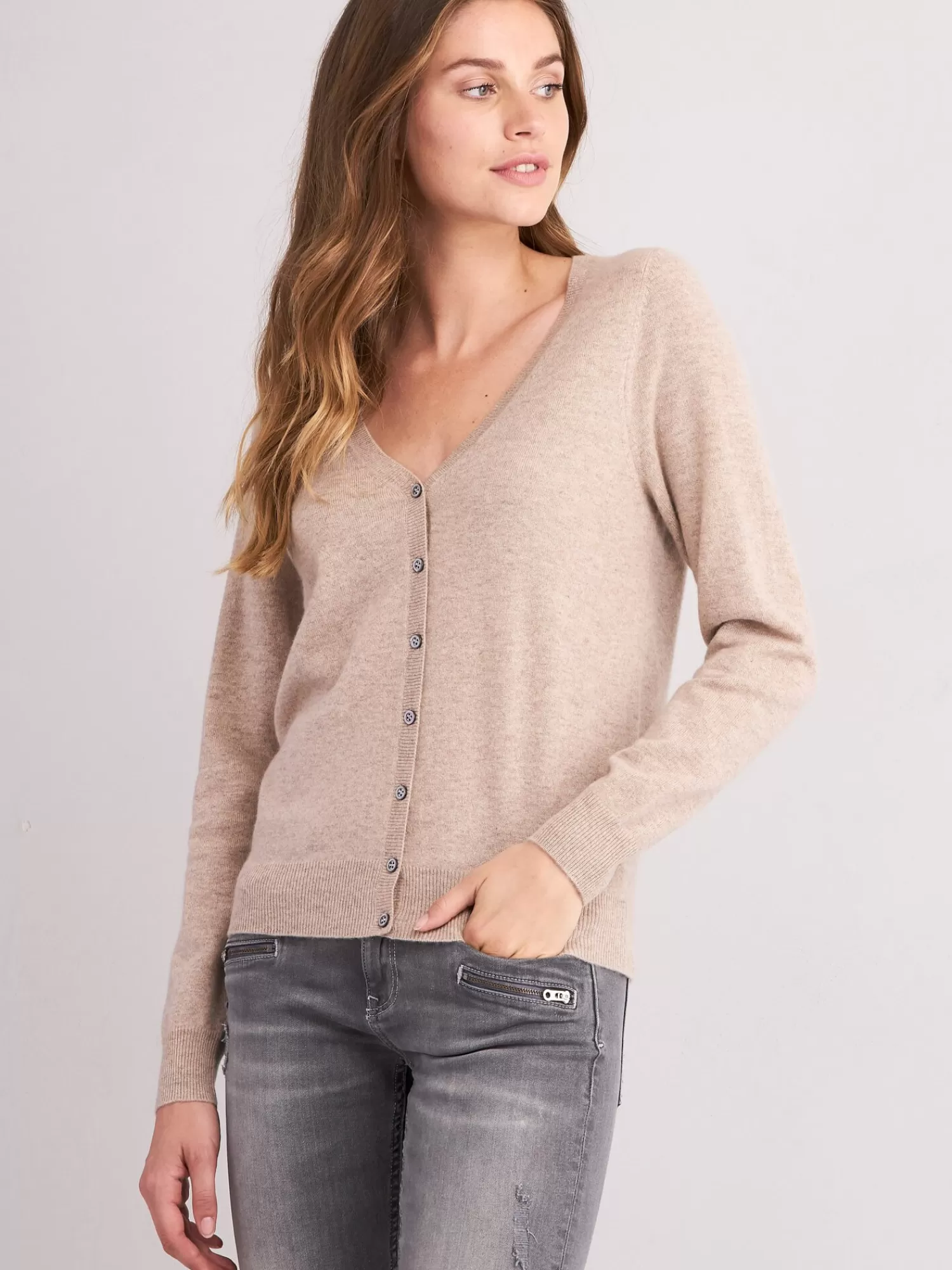 REPEAT cashmere Strickjacken>Basic Kaschmir-Cardigan Mit V-Ausschnitt Sand