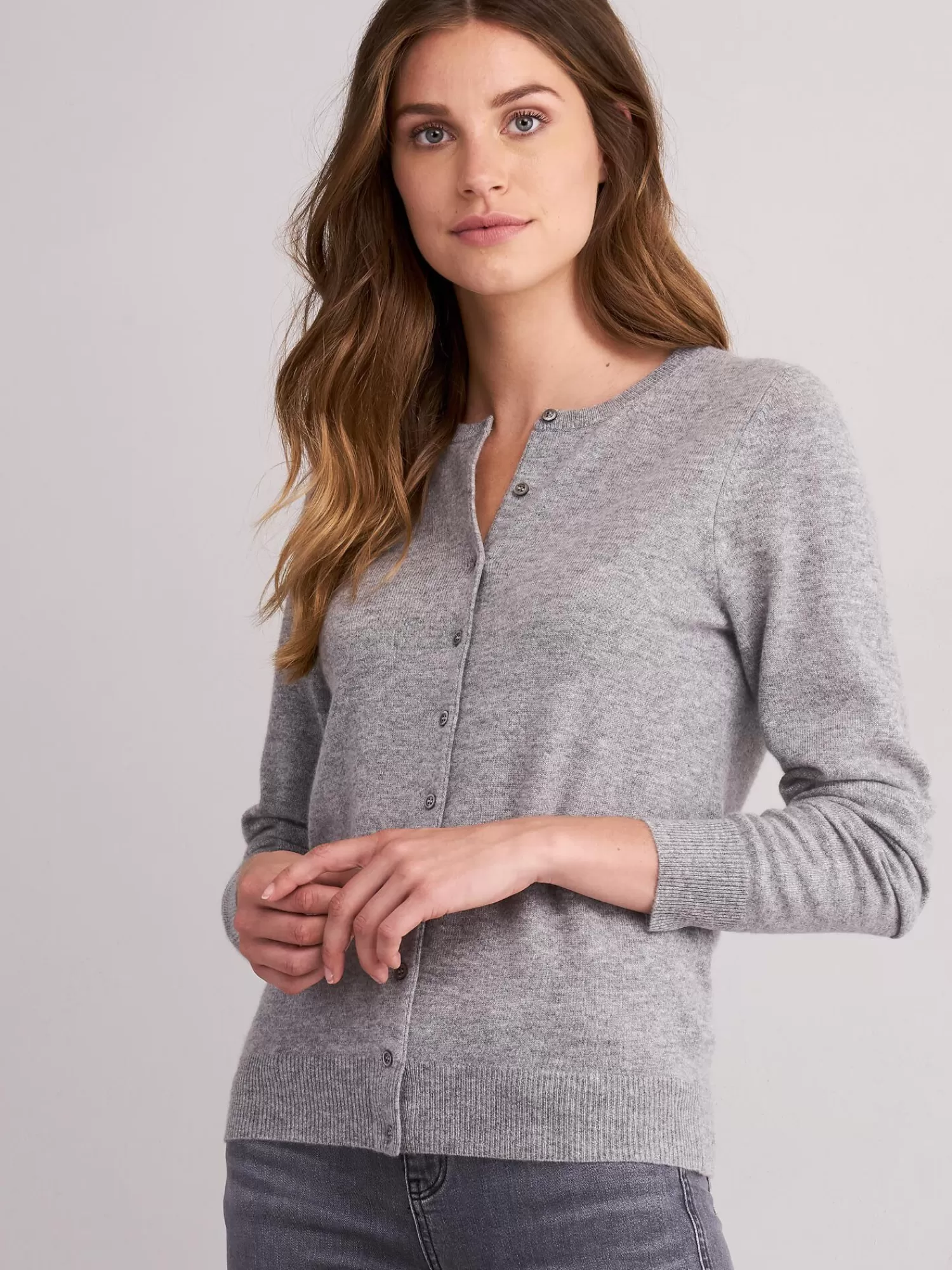 REPEAT cashmere Strickjacken>Basic Kaschmir-Strickjacke Mit Rundhalsausschnitt Light Grey