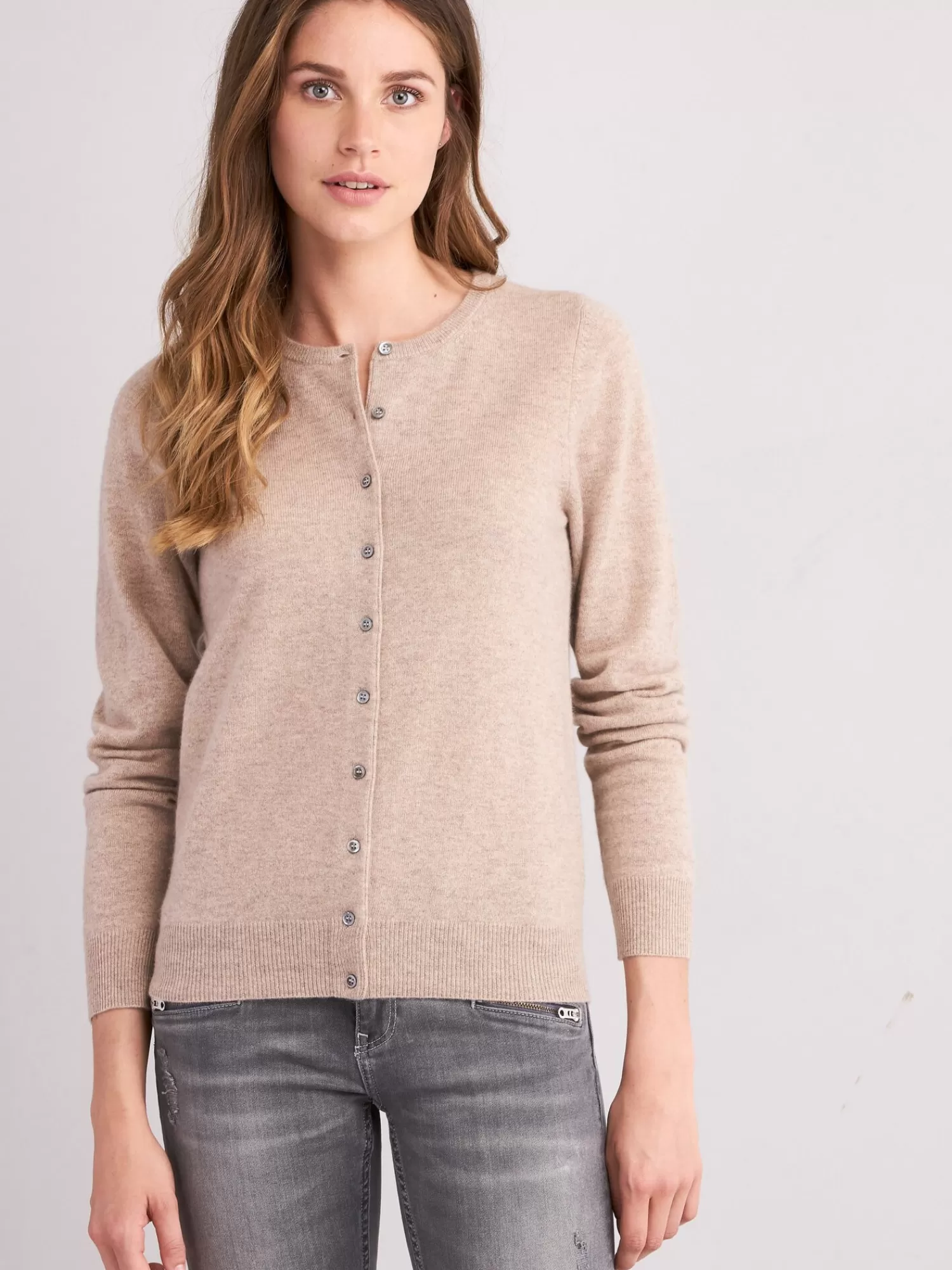 REPEAT cashmere Strickjacken>Basic Kaschmir-Strickjacke Mit Rundhalsausschnitt Sand