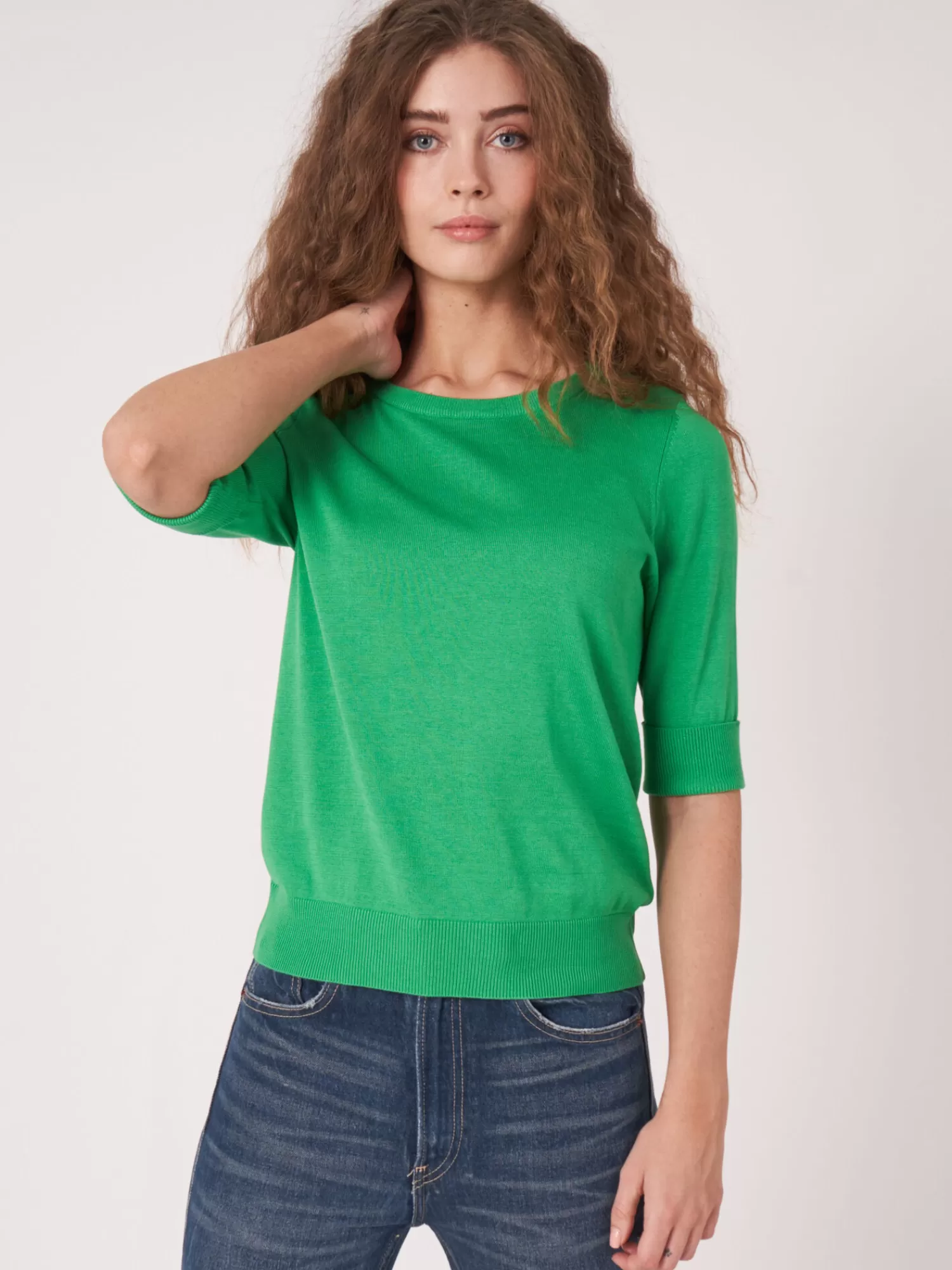 REPEAT cashmere Pullover>Basic Kurzarm-Pullover Aus Organischer Baumwollmischung Green