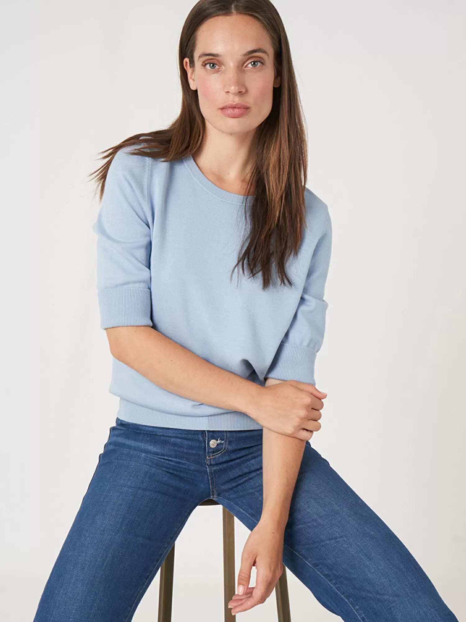 REPEAT cashmere Pullover>Basic Kurzarm-Pullover Aus Organischer Baumwollmischung Lt Blue