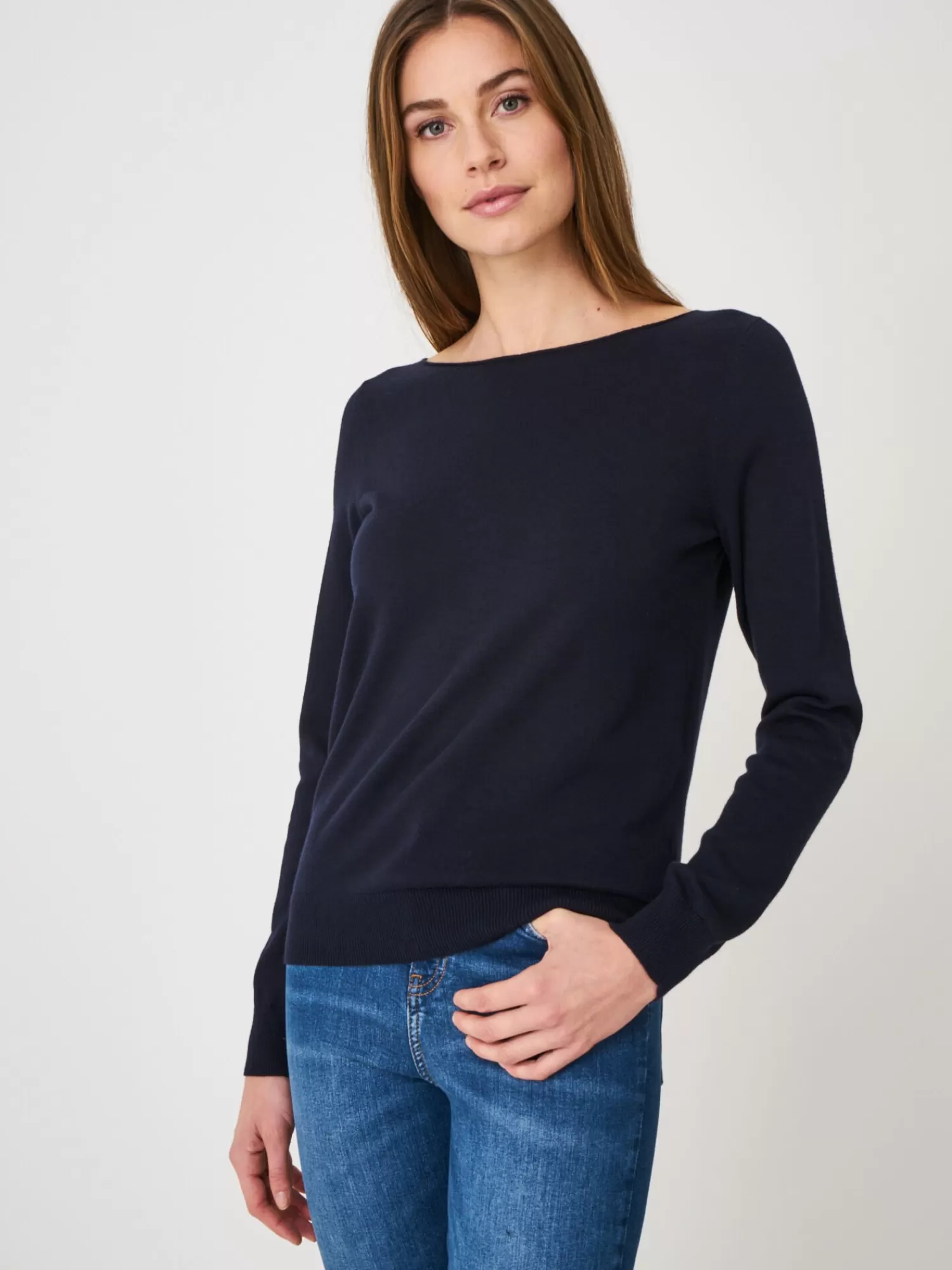 REPEAT cashmere Pullover>Basic Langarm-Pullover Aus Baumwollmischung Navy