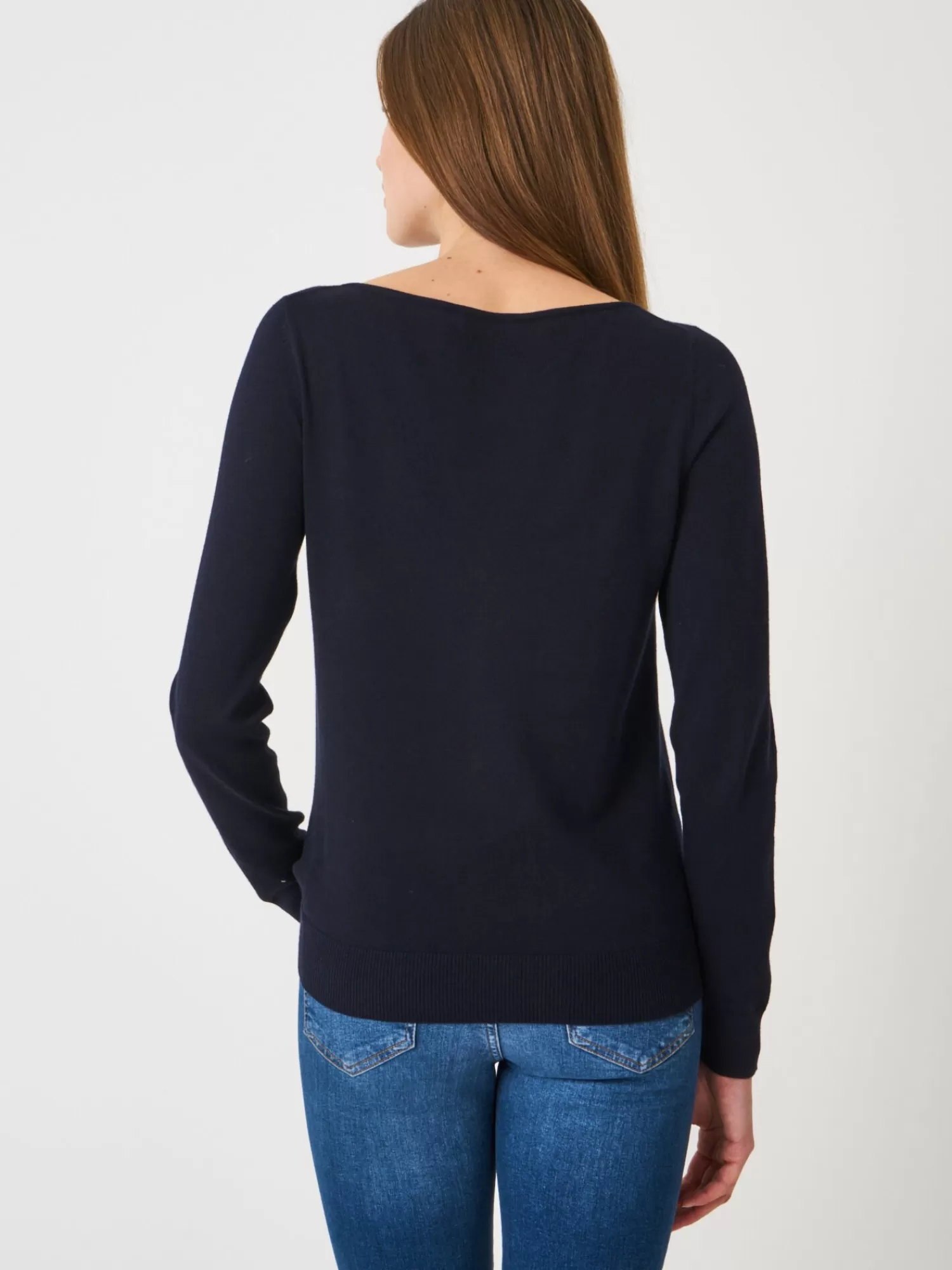 REPEAT cashmere Pullover>Basic Langarm-Pullover Aus Baumwollmischung Navy