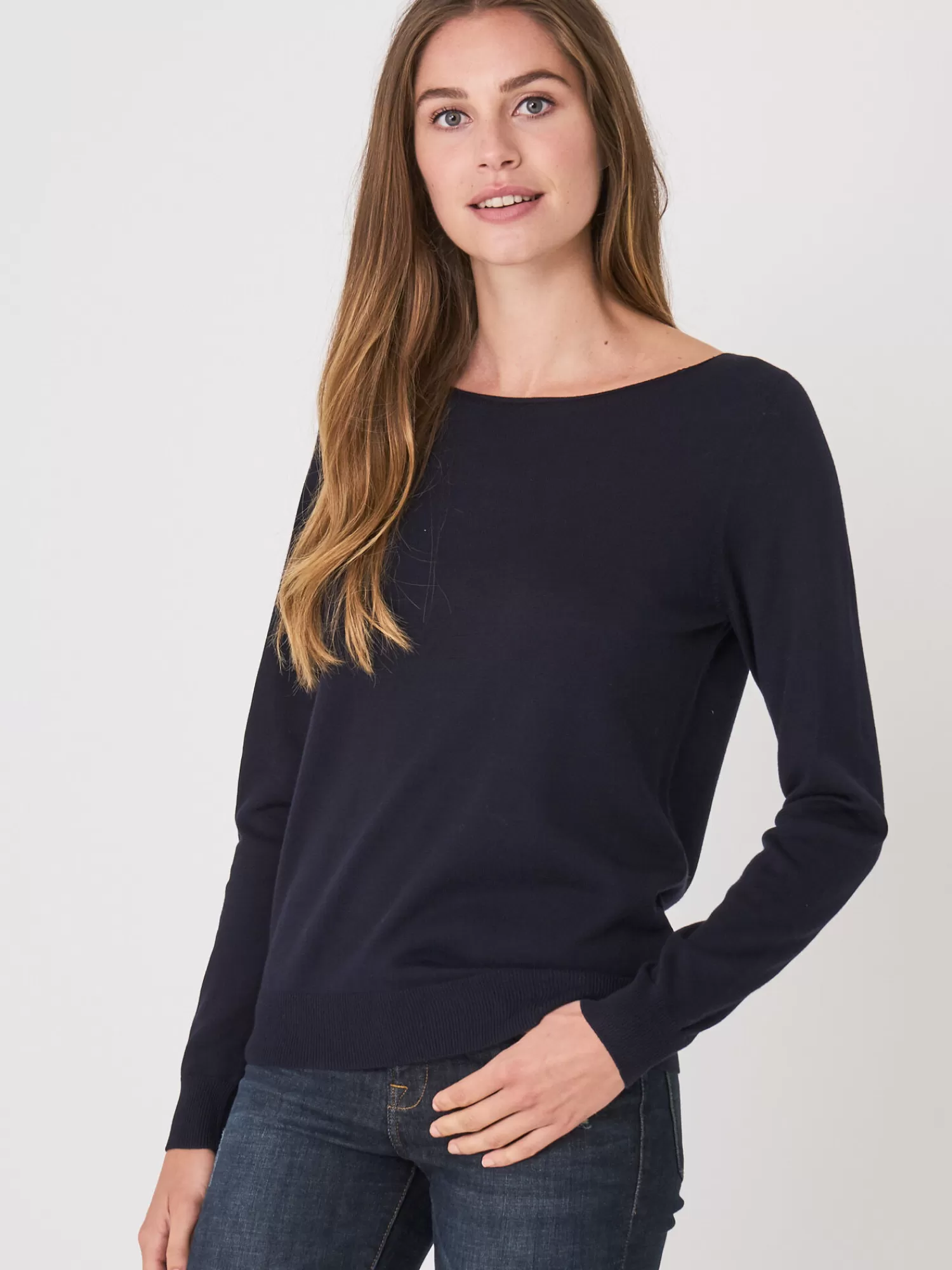 REPEAT cashmere Pullover>Basic Pullover Mit U-Boot-Ausschnitt Aus Baumwollmischung Navy