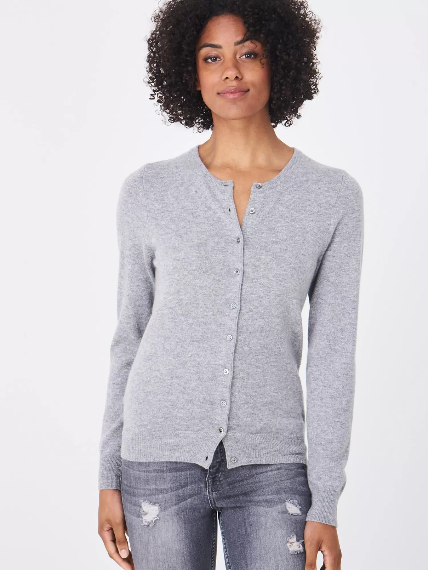 REPEAT cashmere Organisches Kaschmir>Basic Strickjacke Mit Rundhalsausschnitt Aus Bio-Kaschmir Light Grey