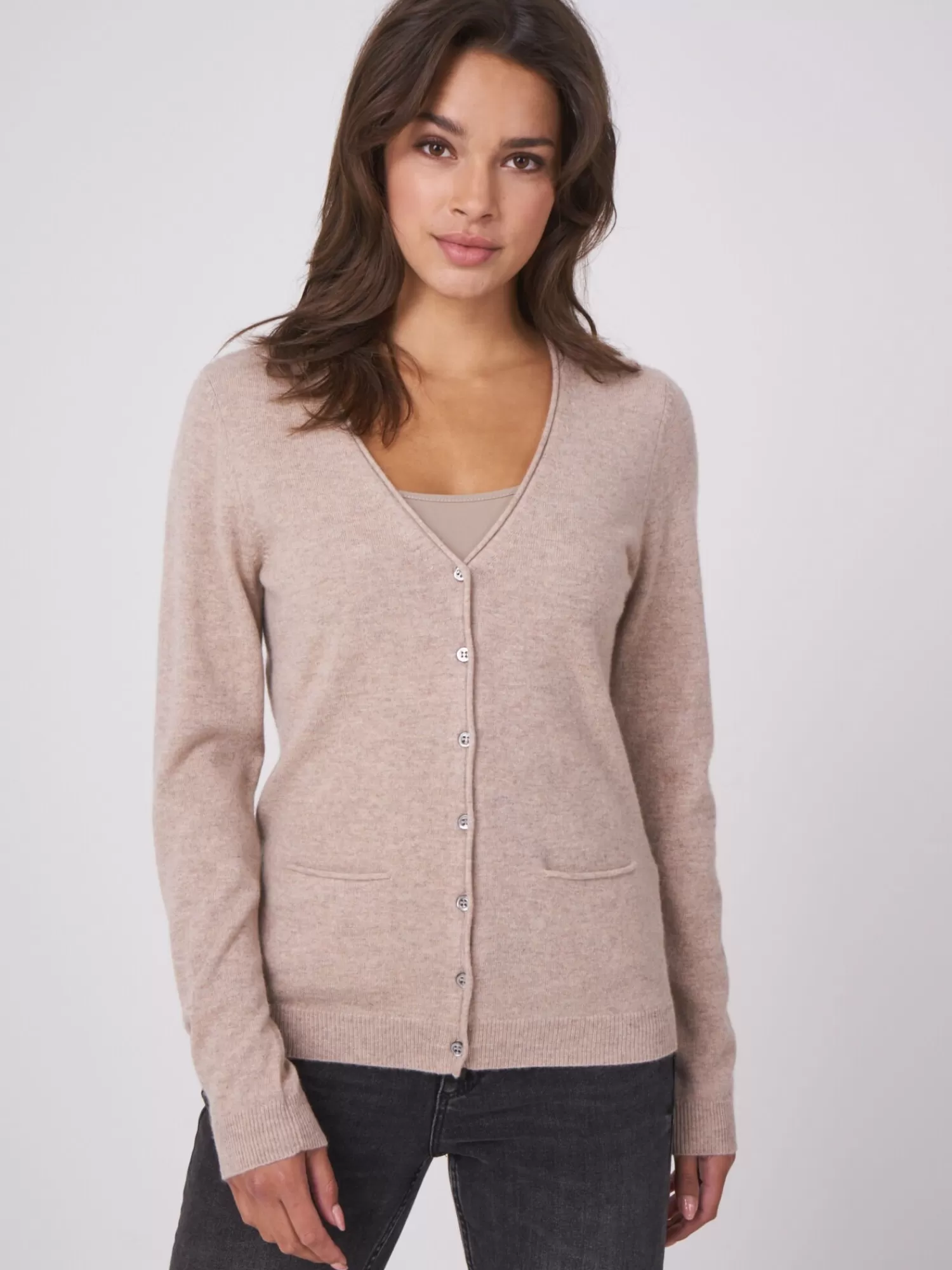 REPEAT cashmere Strickjacken>Basic Strickjacke Mit V-Ausschnitt Und Taschen Sand