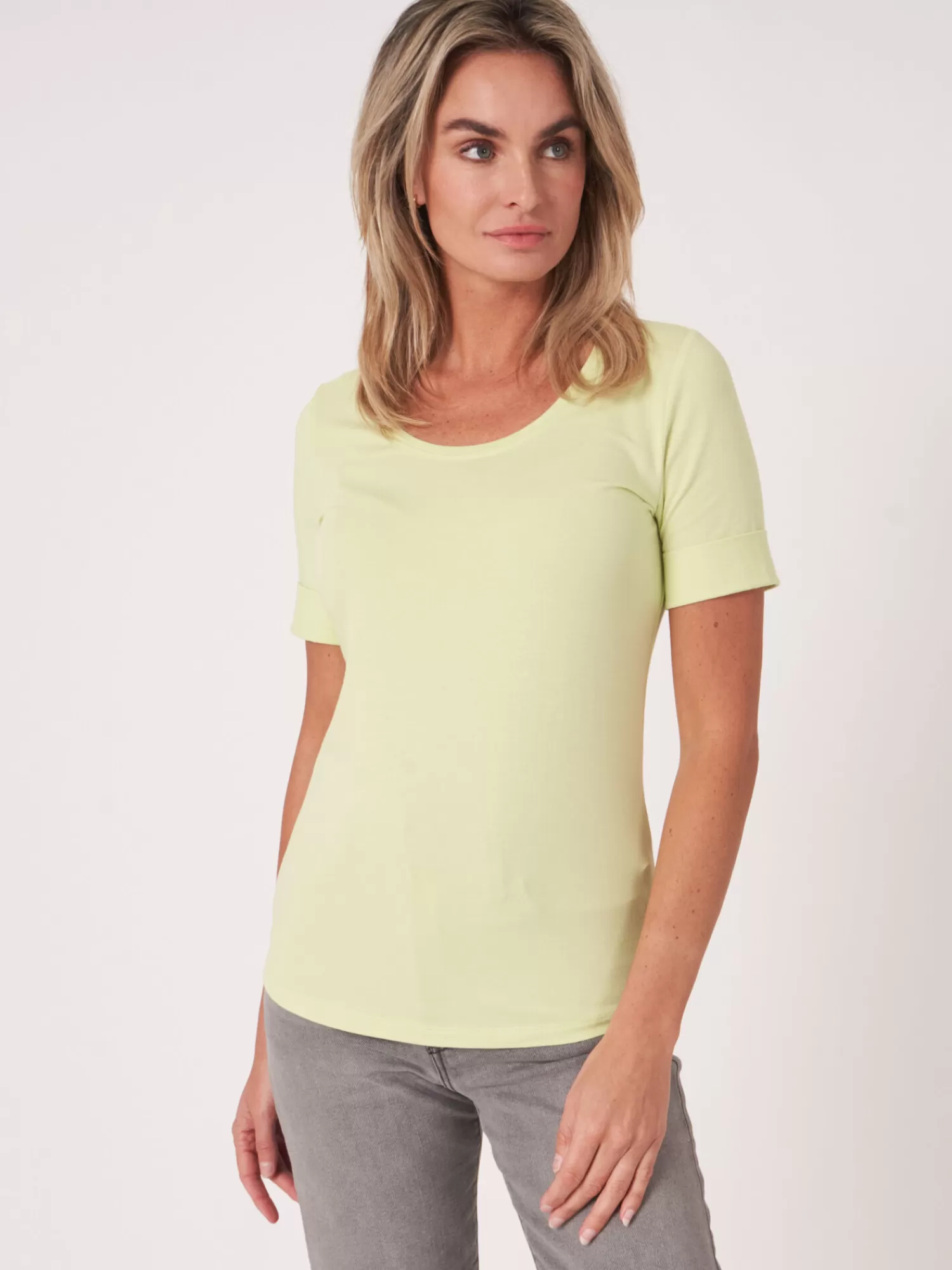 REPEAT cashmere Tops>Basic T-Shirt Mit Aufgeschlagenen Armel Aus Baumwolle Soda