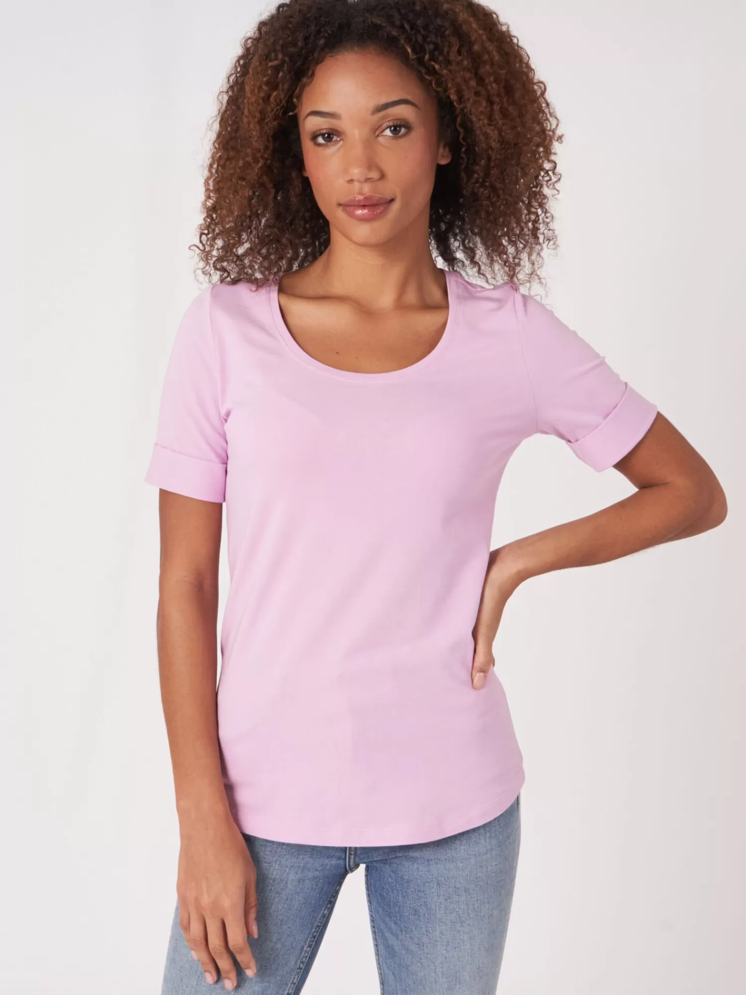 REPEAT cashmere Tops>Basic T-Shirt Mit Aufgeschlagenen Armel Aus Baumwolle Orchid