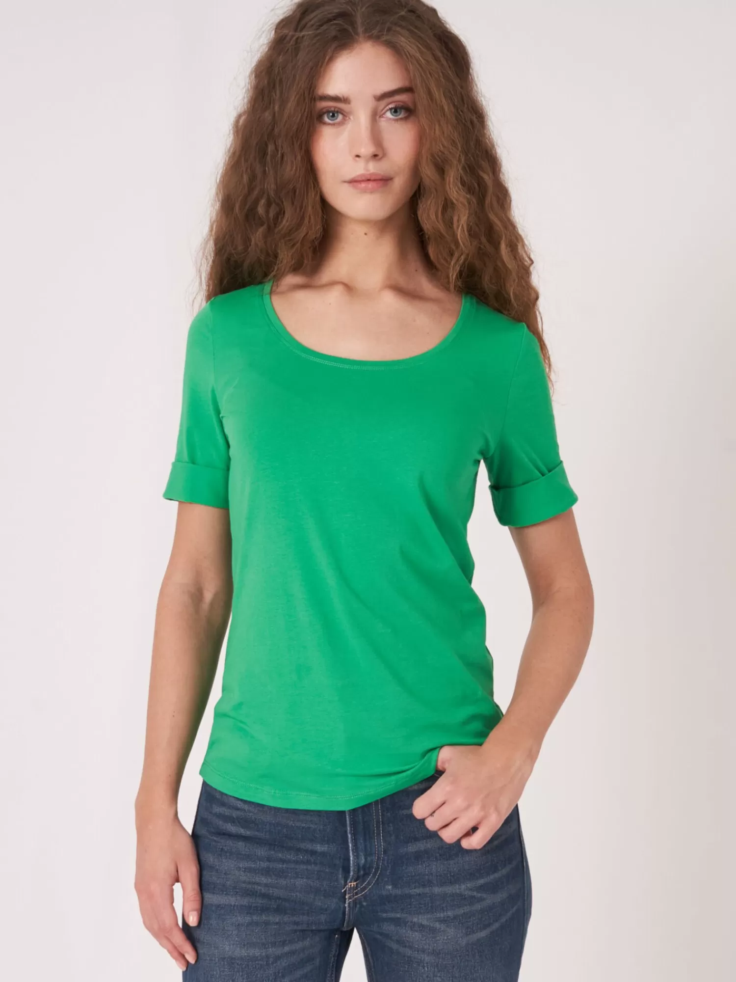 REPEAT cashmere Tops>Basic T-Shirt Mit Aufgeschlagenen Armel Aus Baumwolle Green