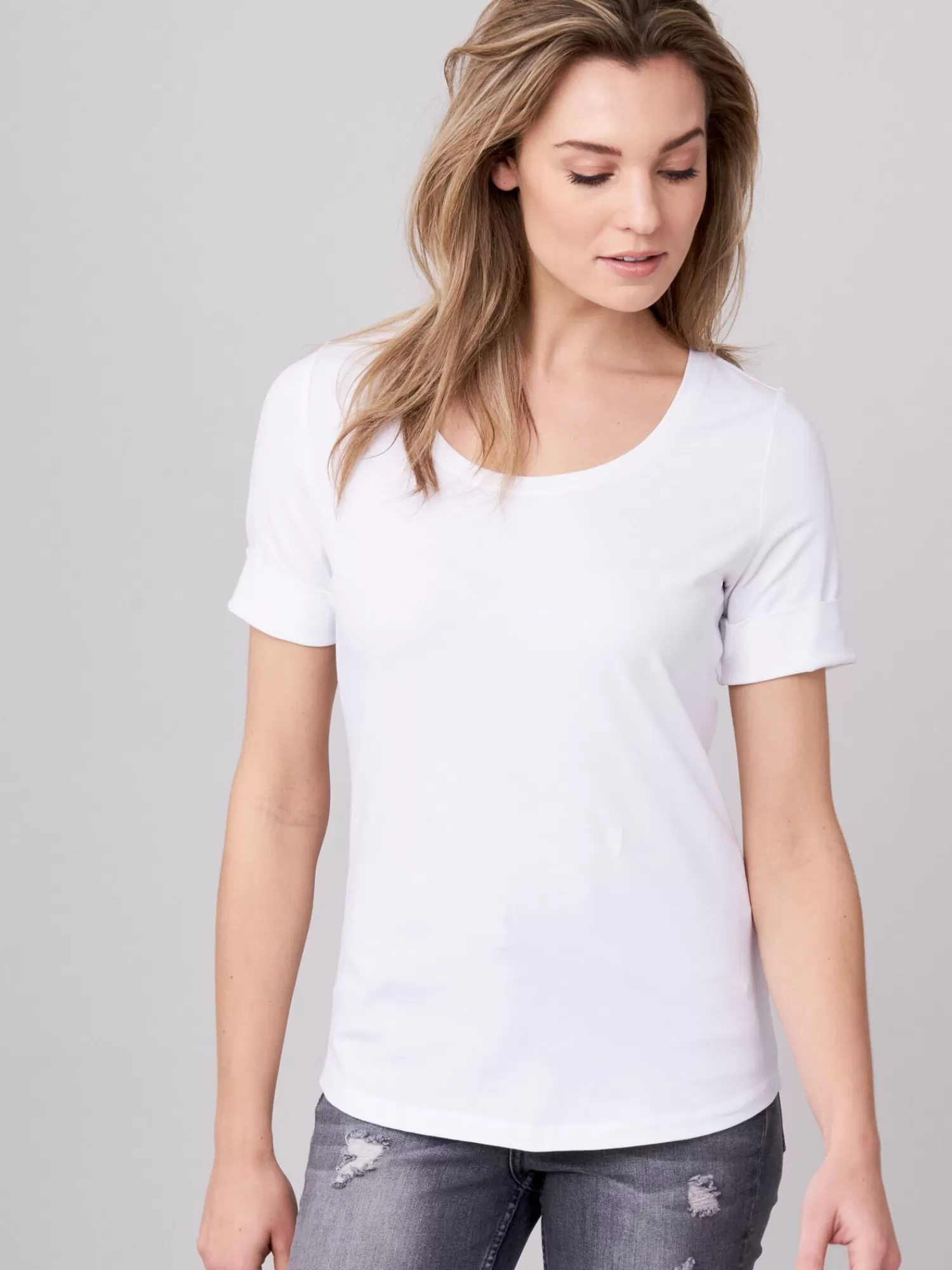 REPEAT cashmere Tops>Basic T-Shirt Mit Aufgeschlagenen Armel Aus Baumwolle White