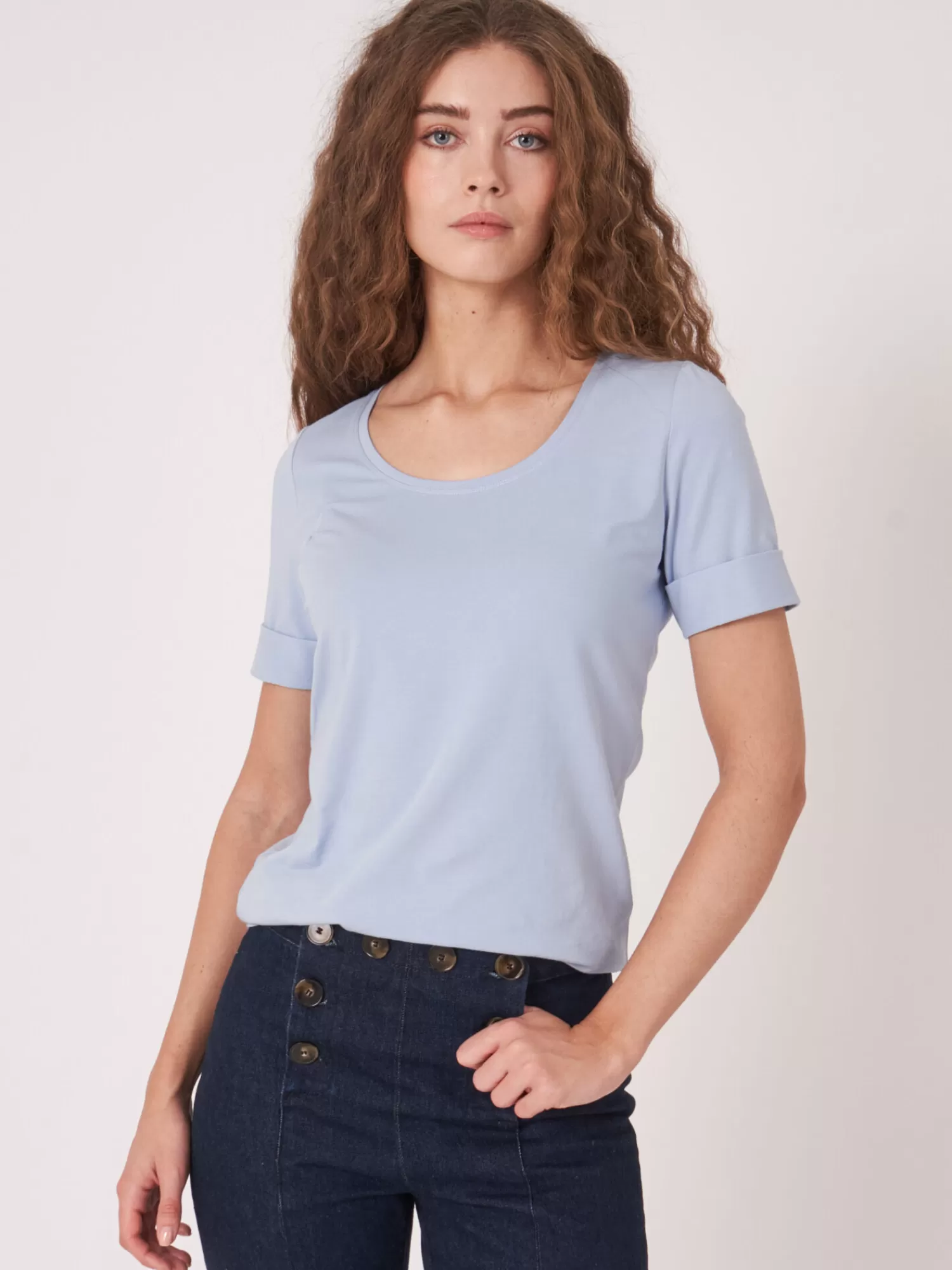 REPEAT cashmere Tops>Basic T-Shirt Mit Aufgeschlagenen Armel Aus Baumwolle Lt Blue