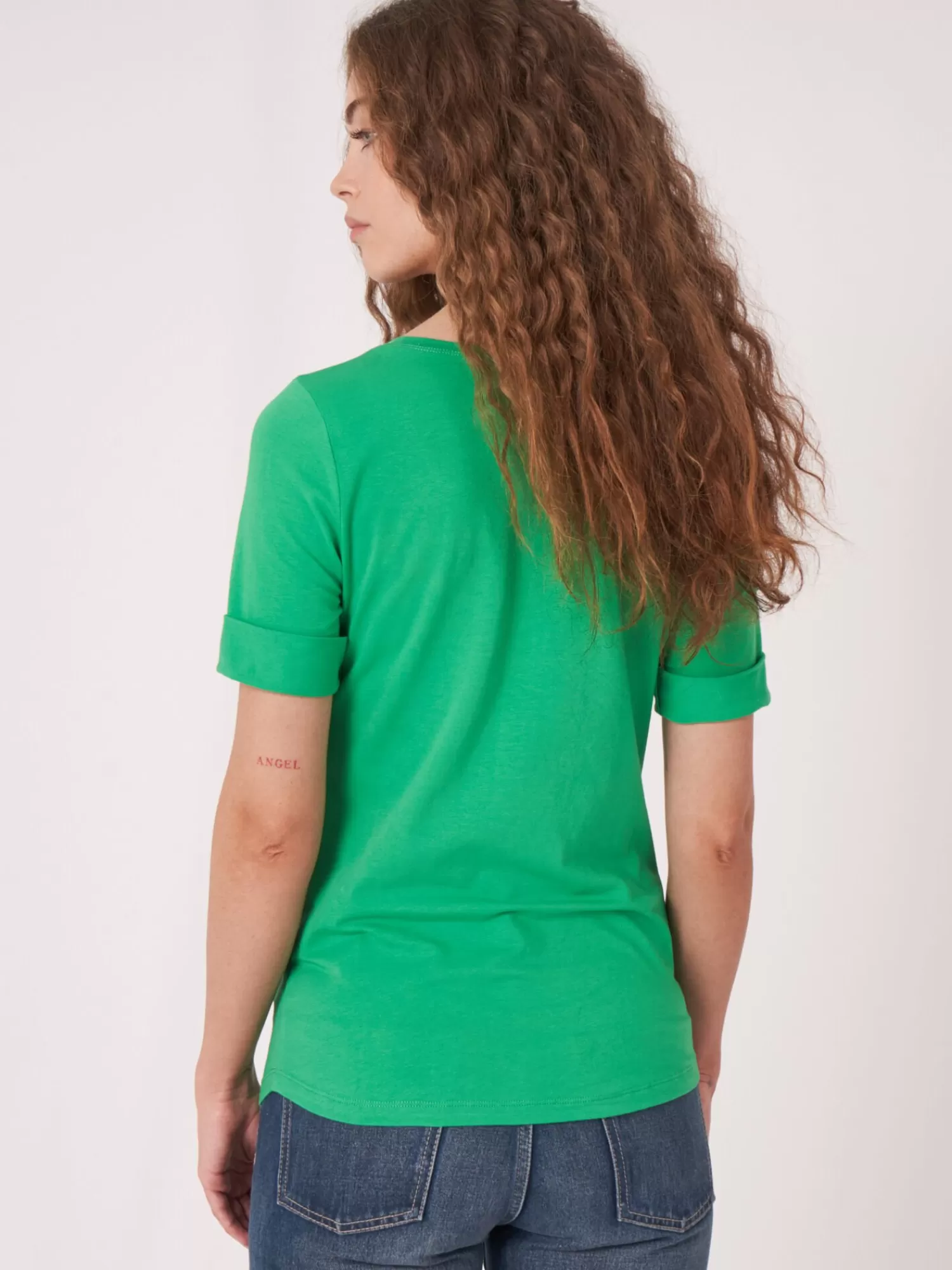 REPEAT cashmere Tops>Basic T-Shirt Mit Aufgeschlagenen Armel Aus Baumwolle Green