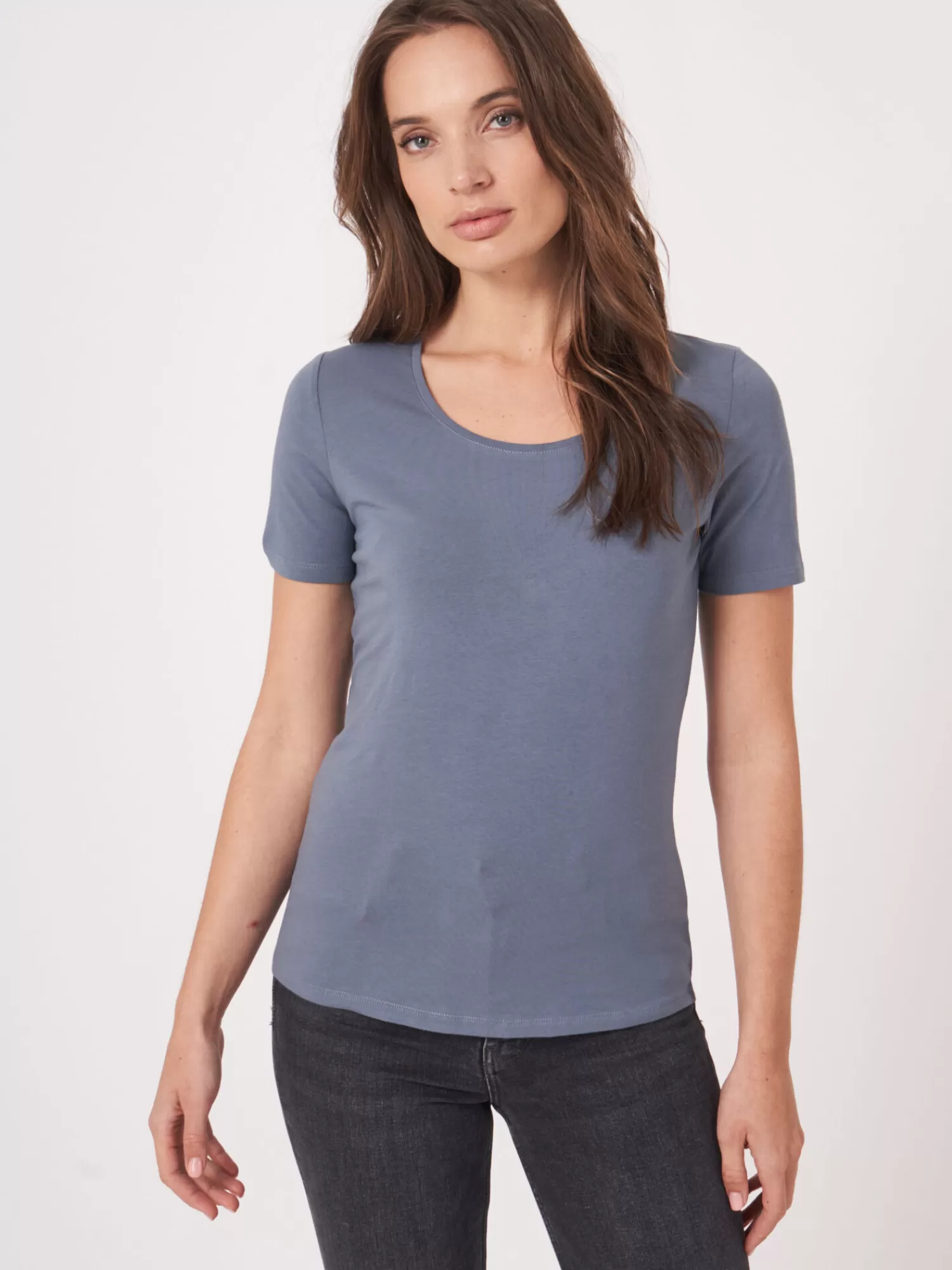 REPEAT cashmere Tops>Basic T-Shirt Mit Rundhalsausschnitt Aus Baumwolle Denim