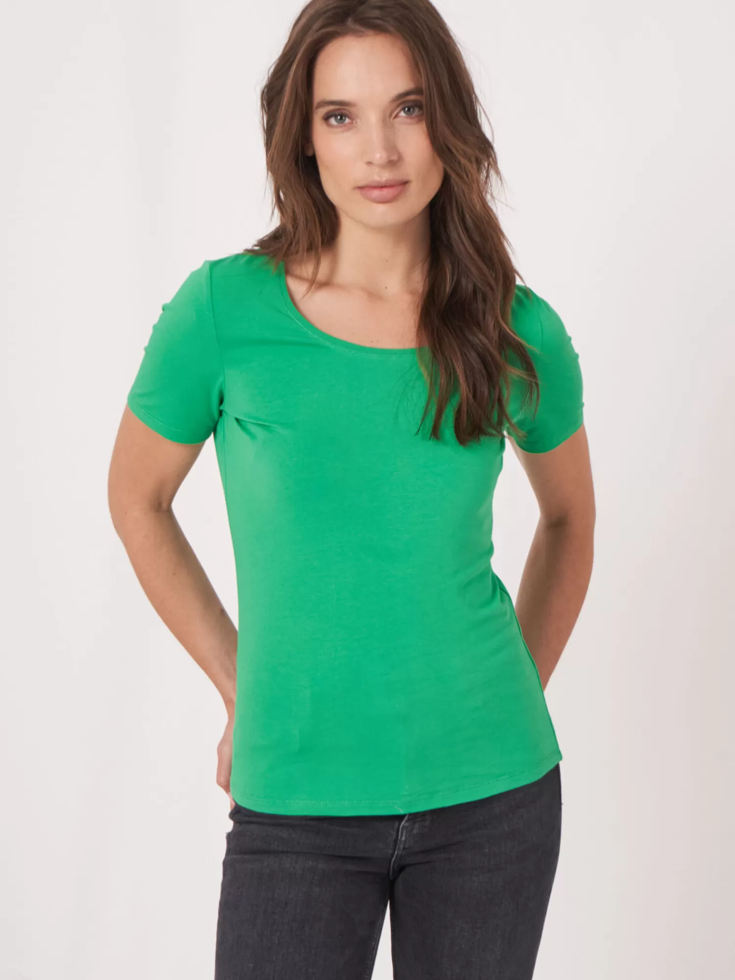 REPEAT cashmere Tops>Basic T-Shirt Mit Rundhalsausschnitt Aus Baumwolle Green