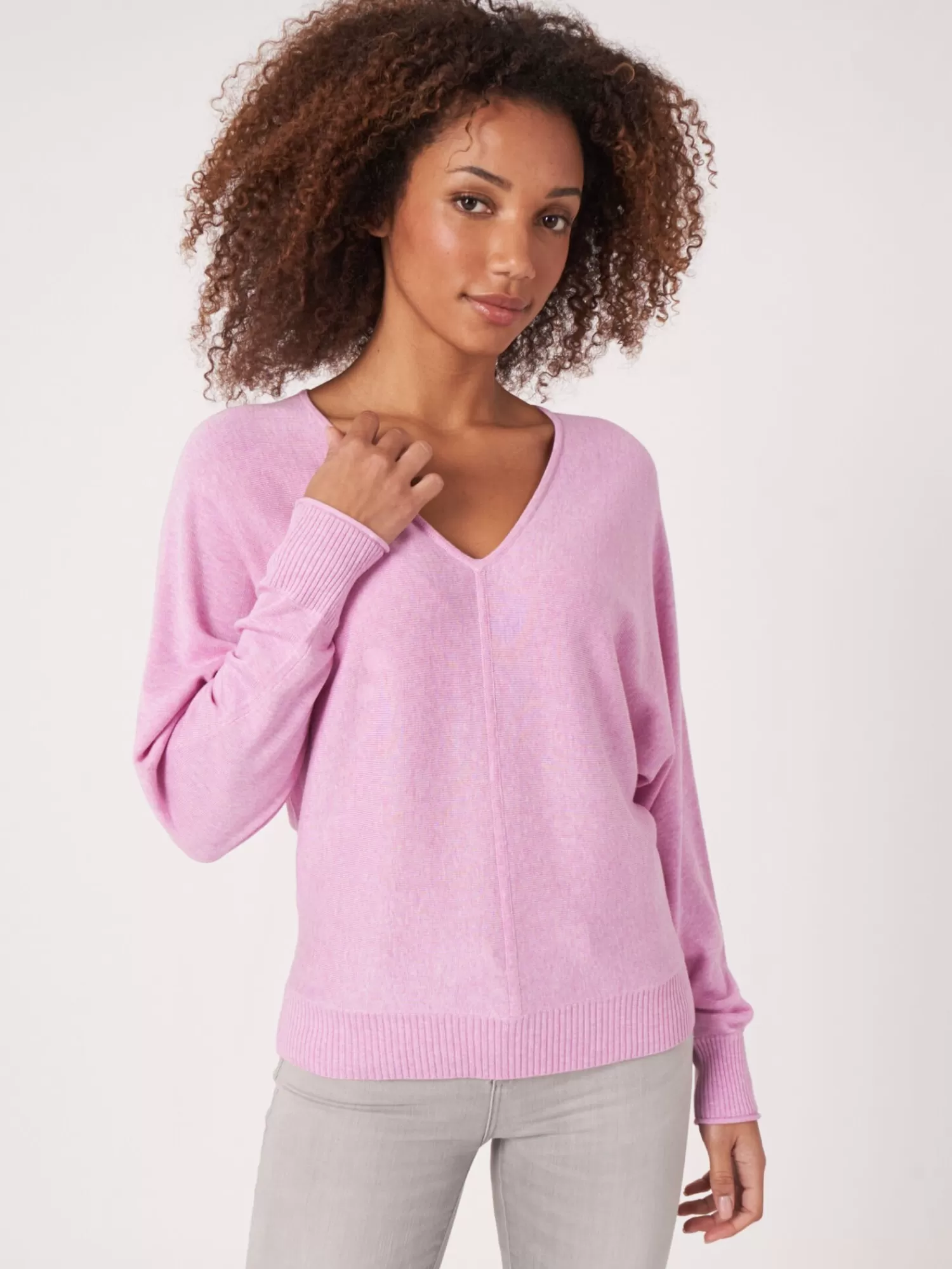 REPEAT cashmere Pullover>Batwing-Pullover Aus Baumwollmischung Mit V-Ausschnitt Orchid