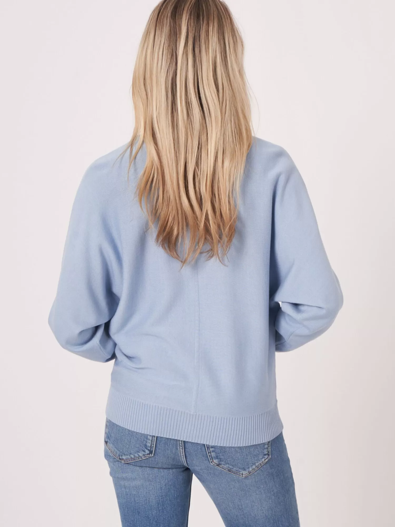 REPEAT cashmere Pullover>Batwing-Pullover Aus Baumwollmischung Mit V-Ausschnitt Lt Blue