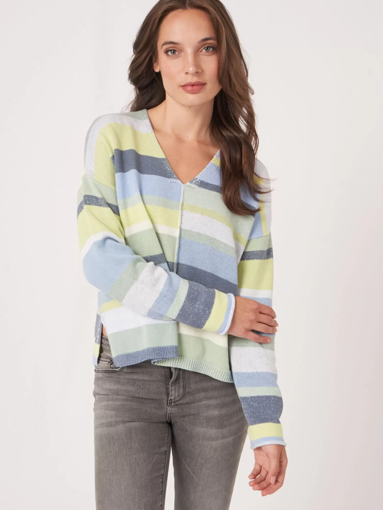 REPEAT cashmere Pullover>Baumwollstrickpullover Mit Mehrfarbigen Streifen Denim Multicolor