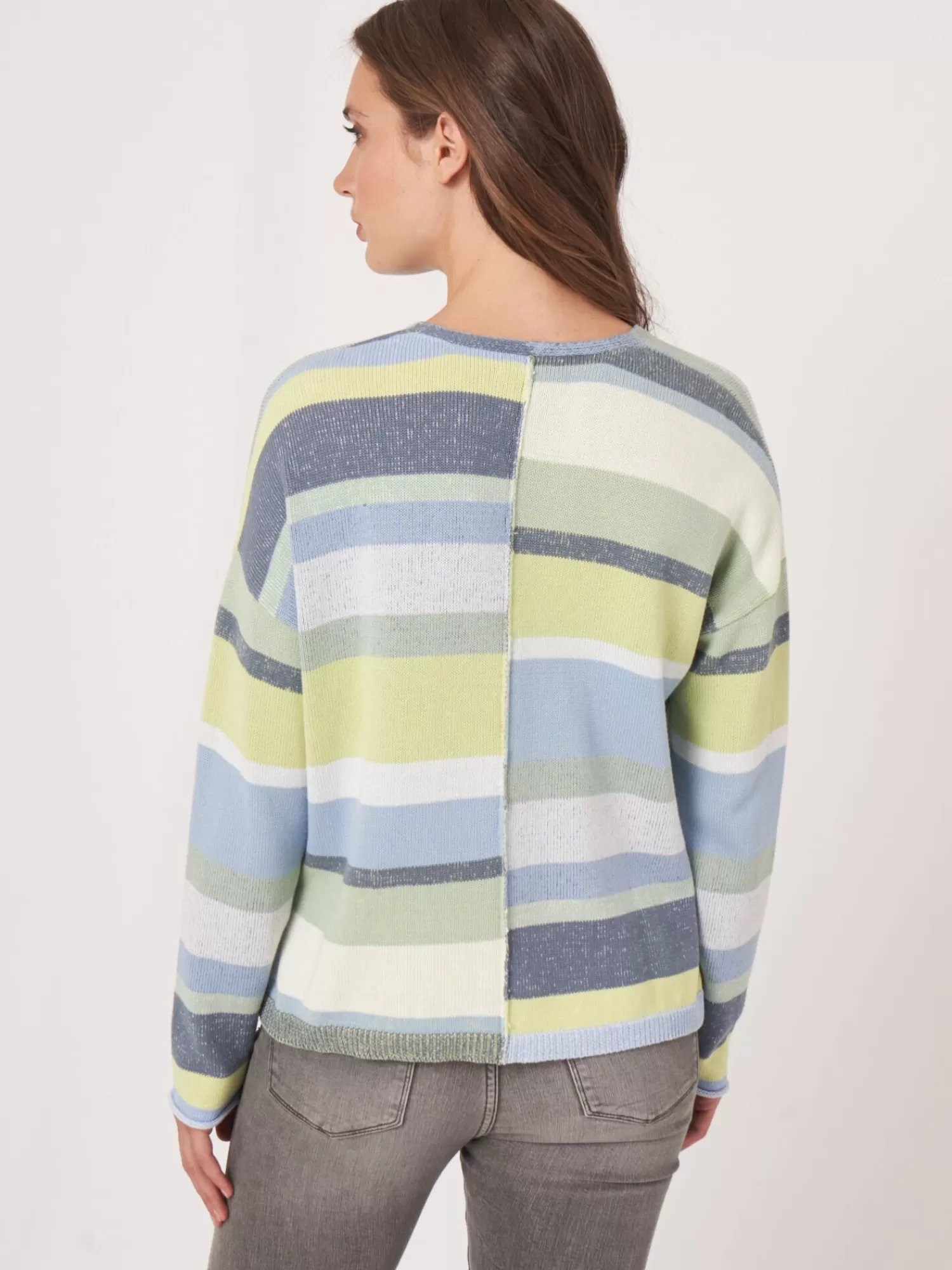 REPEAT cashmere Pullover>Baumwollstrickpullover Mit Mehrfarbigen Streifen Denim Multicolor