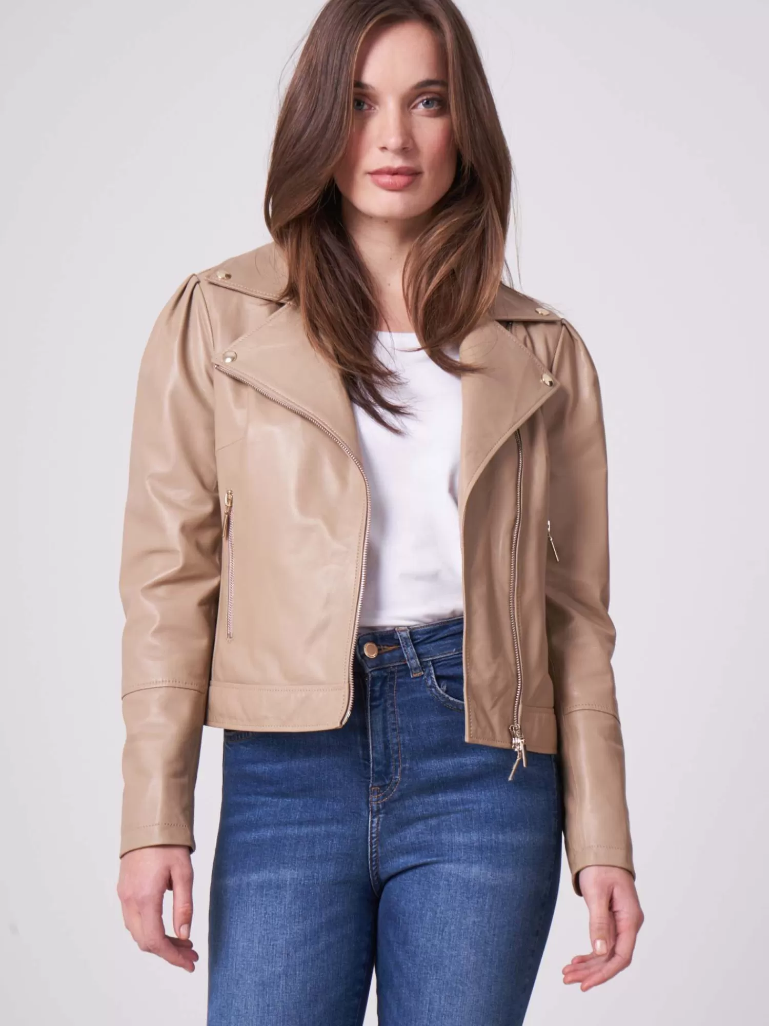 REPEAT cashmere Leder>Biker-Lederjacke Mit Puff-Schultern Nougat