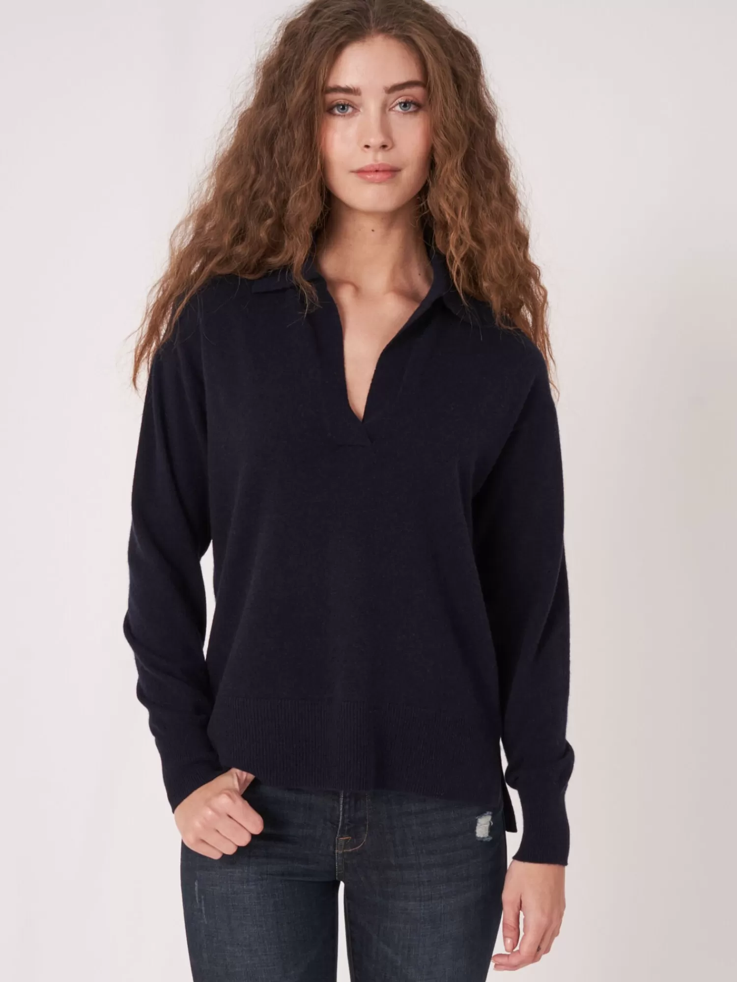 REPEAT cashmere Organisches Kaschmir>Bio-Kaschmir-Pullover Mit Polokragen Und Seitenschlitzen Navy