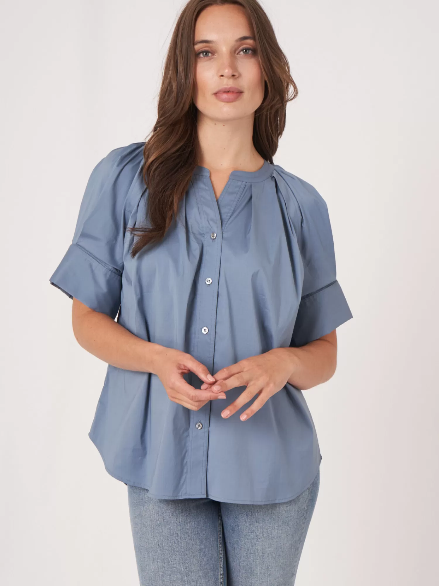 REPEAT cashmere Blusen>Bluse Aus Baumwollmischung Mit Aufgeschlagenen Raglan-Puffarmeln Vintage Blue