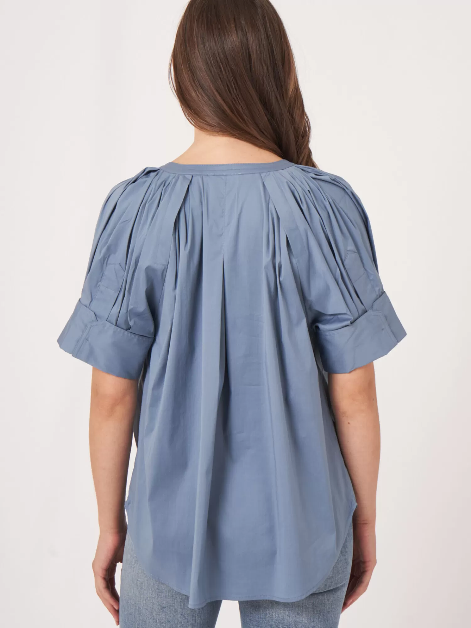 REPEAT cashmere Blusen>Bluse Aus Baumwollmischung Mit Aufgeschlagenen Raglan-Puffarmeln Vintage Blue