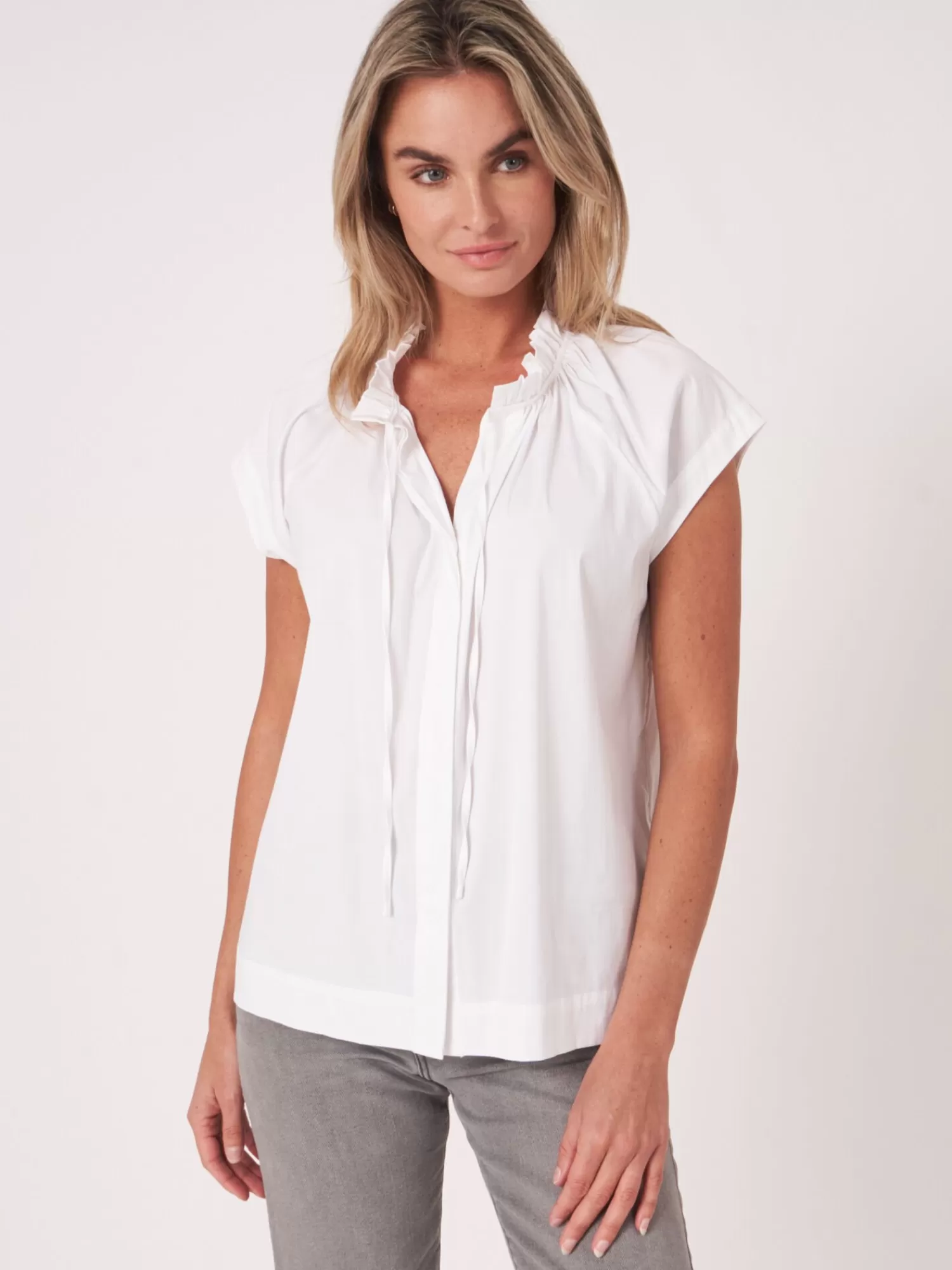 REPEAT cashmere Blusen>Bluse Mit Gerafftem Halsausschnitt Mit Bandchen White