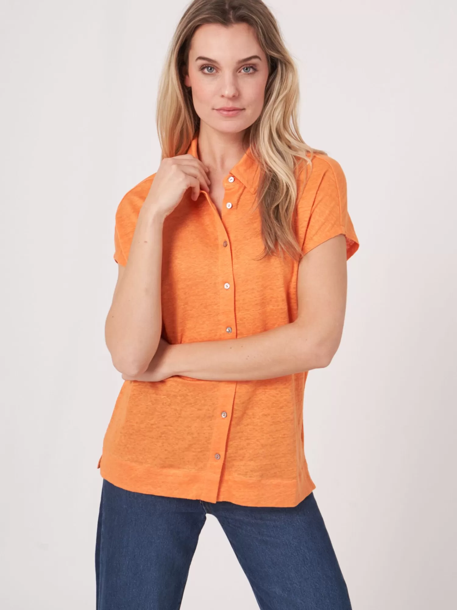 REPEAT cashmere Tops>Blusen-Top Mit Hemdkragen Aus Leinen Papaya