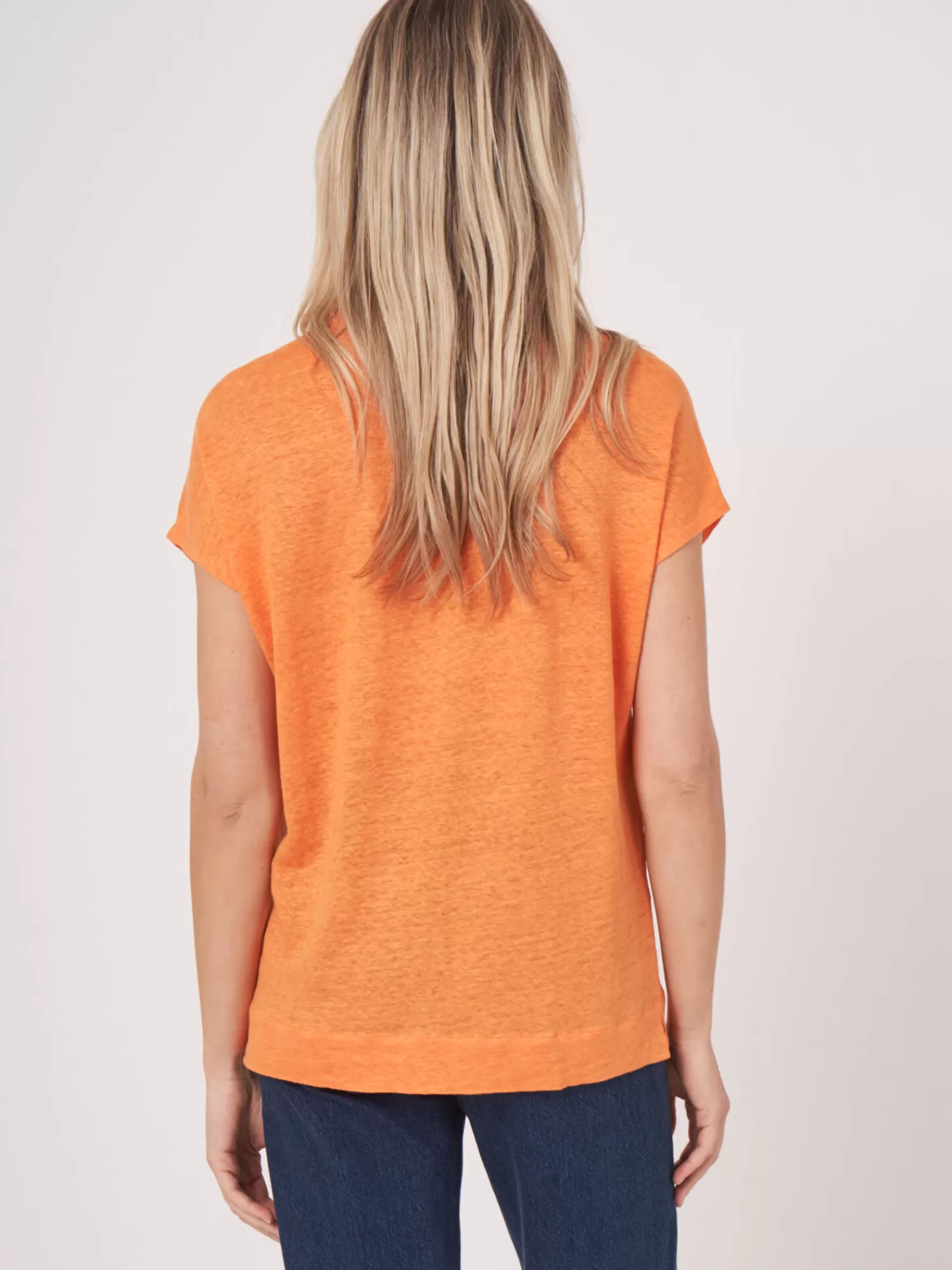 REPEAT cashmere Tops>Blusen-Top Mit Hemdkragen Aus Leinen Papaya