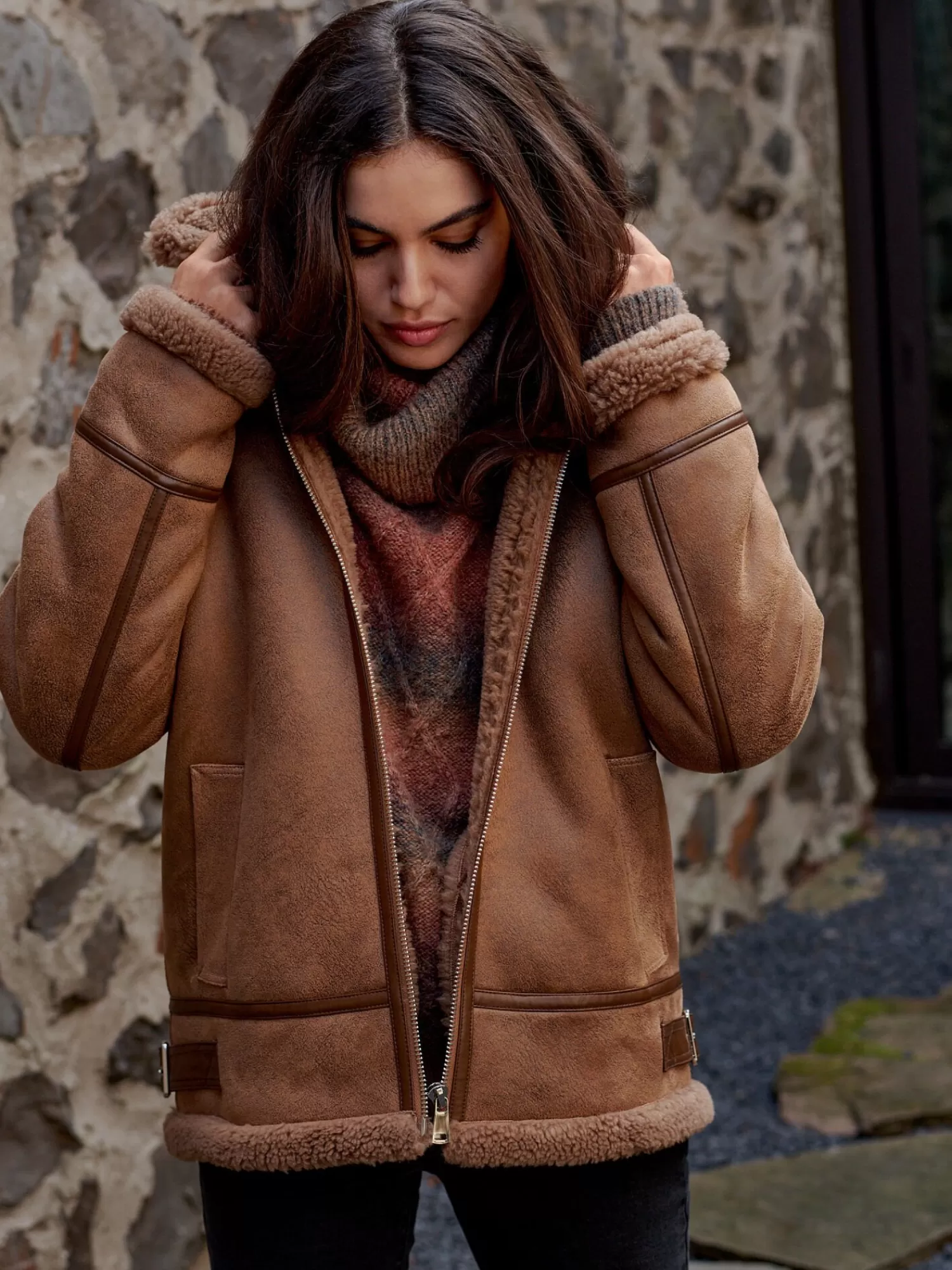 REPEAT cashmere Mäntel>Faux Shearling Bikerjacke Camel