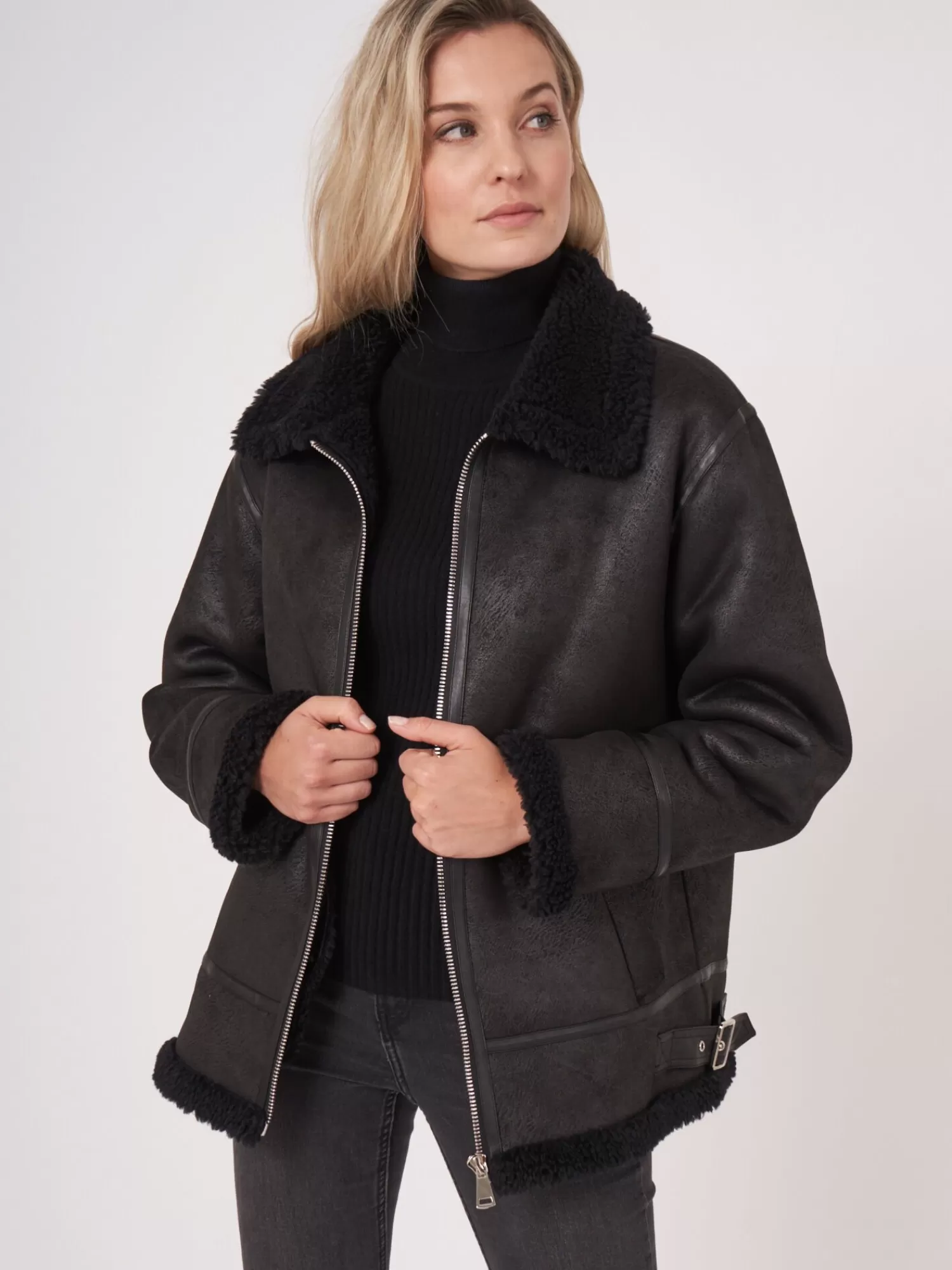 REPEAT cashmere Mäntel>Faux Shearling Bikerjacke Black