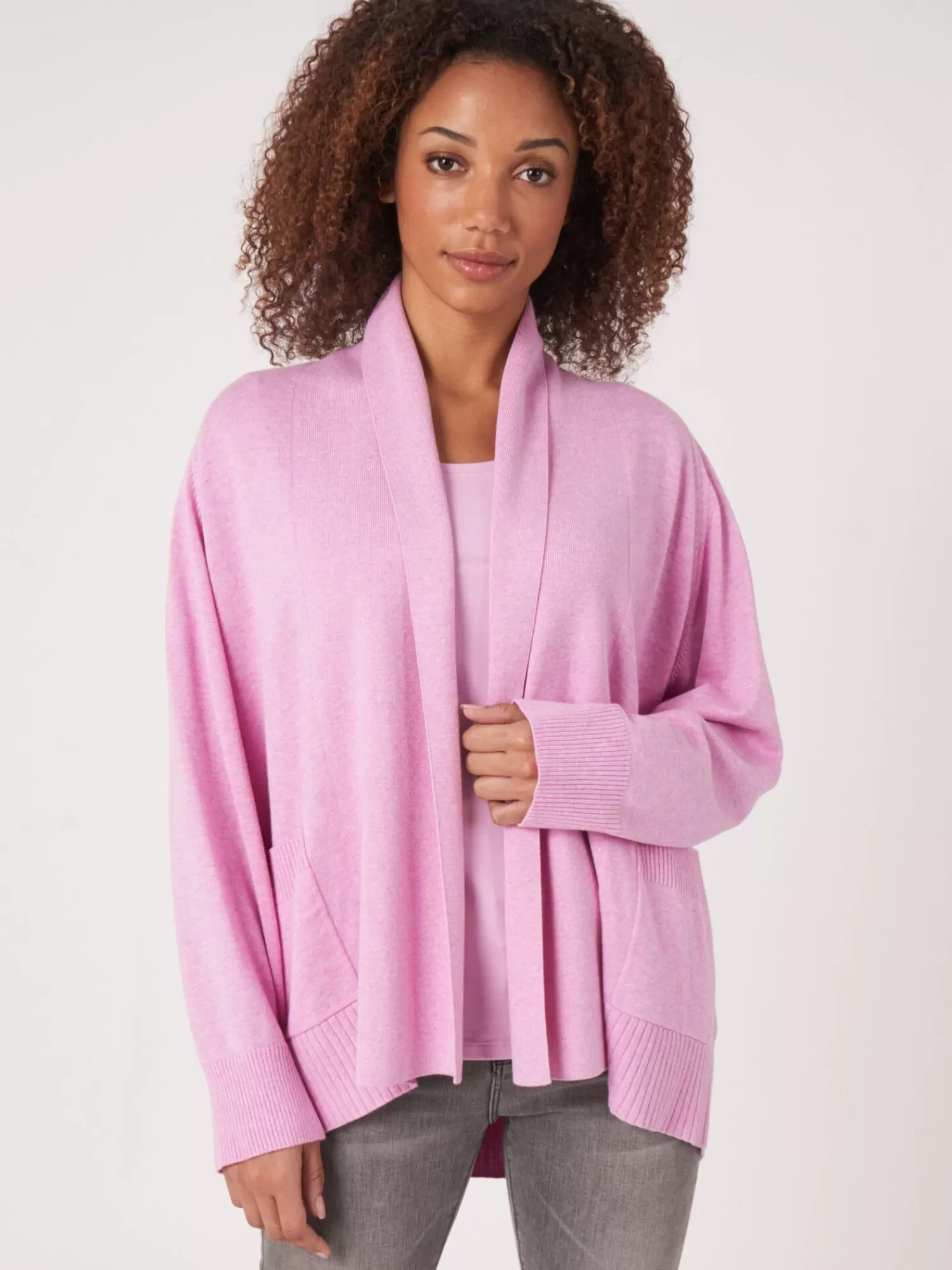 REPEAT cashmere Strickjacken>Fein Gestrickte Baumwollmischung Strickjacke Mit Schalkragen Und Taschen Orchid