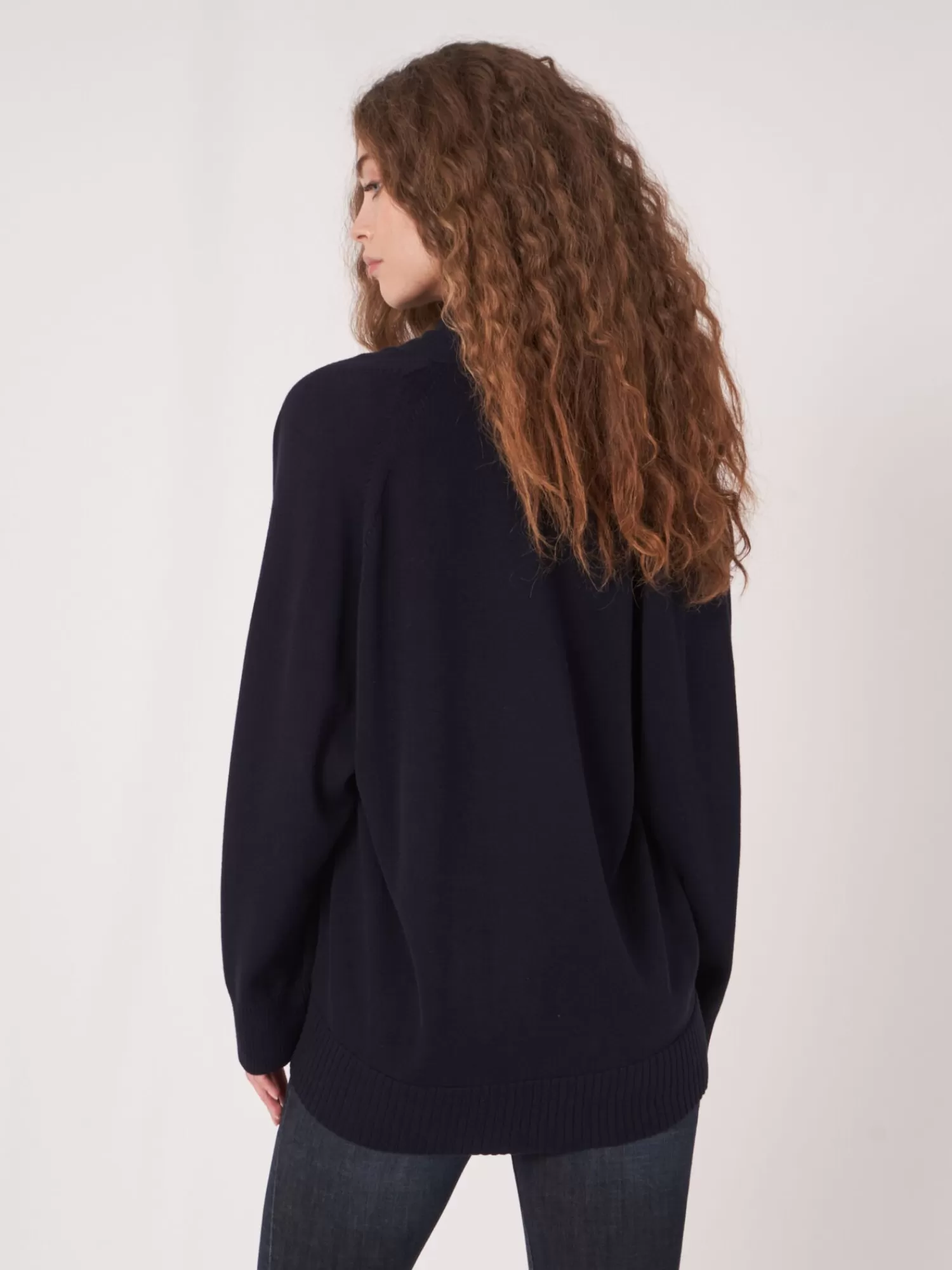 REPEAT cashmere Strickjacken>Fein Gestrickte Baumwollmischung Strickjacke Mit Schalkragen Und Taschen Navy