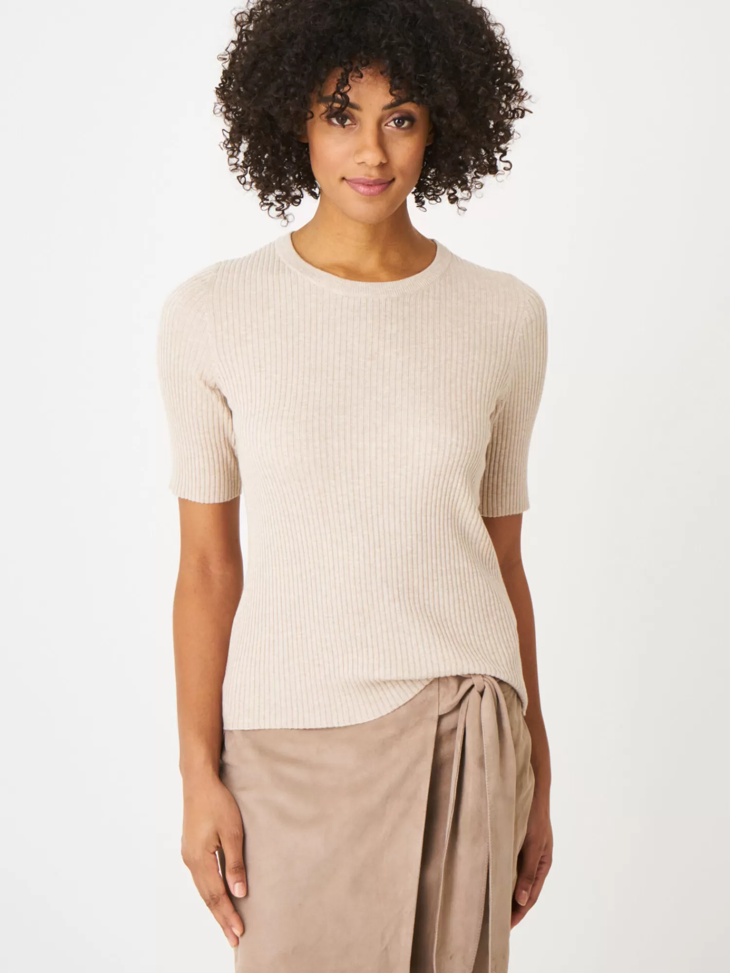 REPEAT cashmere Pullover>Figurbetonter Kurzarm-Pullover In Rippstrick Beige