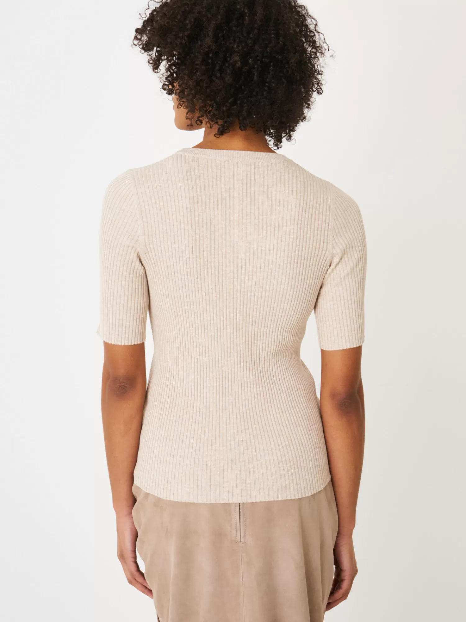 REPEAT cashmere Pullover>Figurbetonter Kurzarm-Pullover In Rippstrick Beige