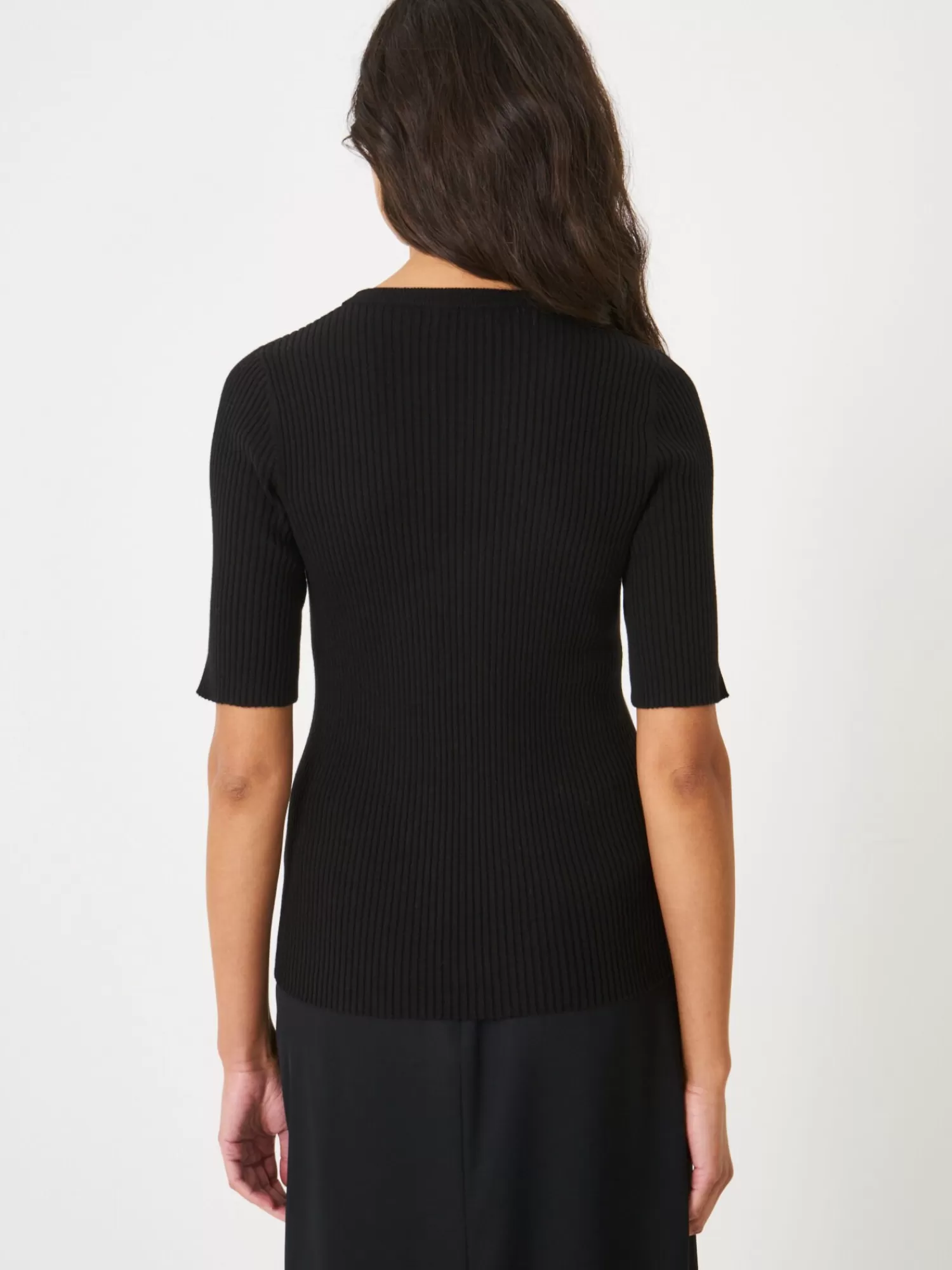 REPEAT cashmere Pullover>Figurbetonter Kurzarm-Pullover In Rippstrick Black