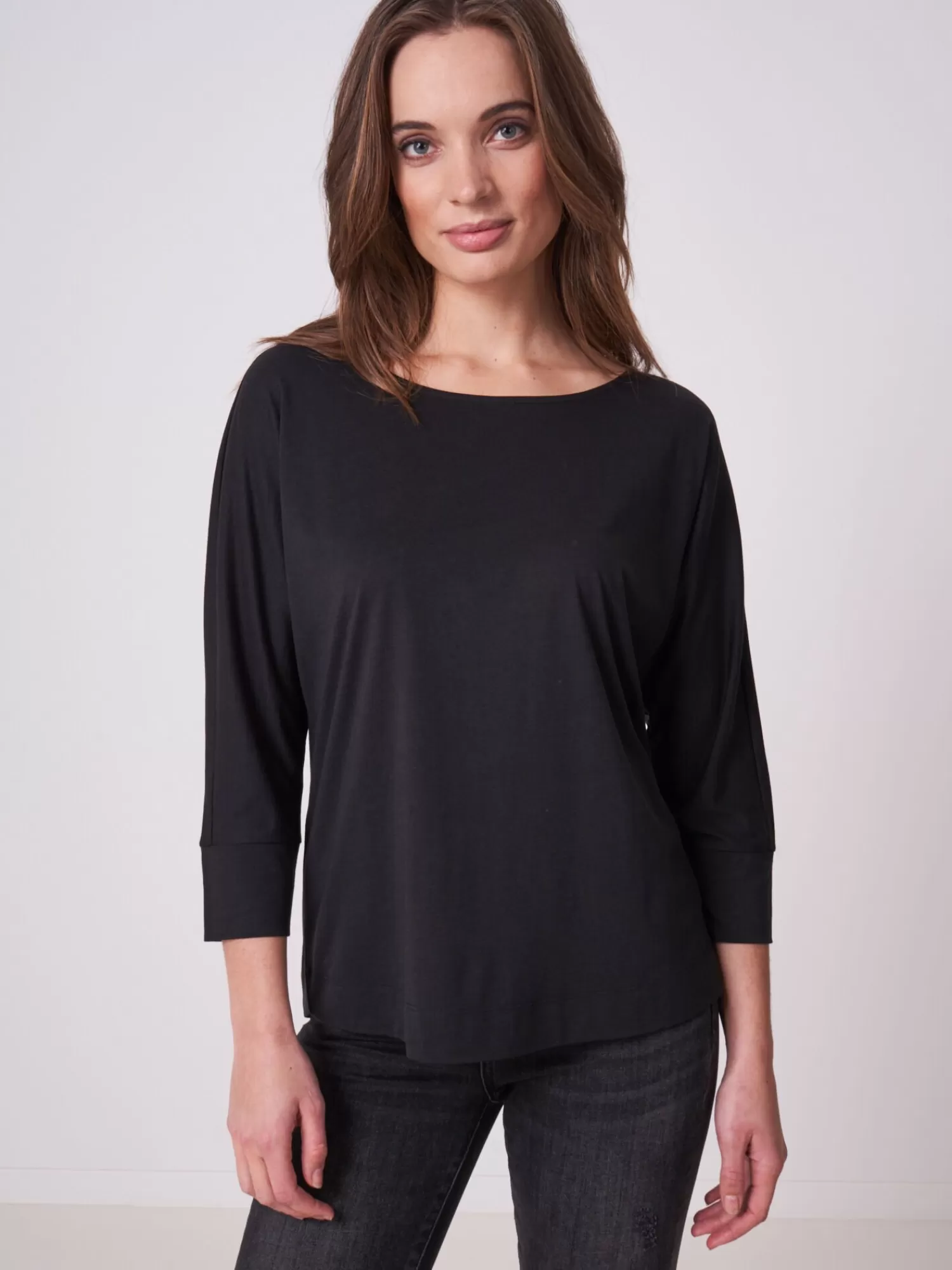 REPEAT cashmere Tops>Fledermaus-Shirt Mit 3/4-Armeln Black