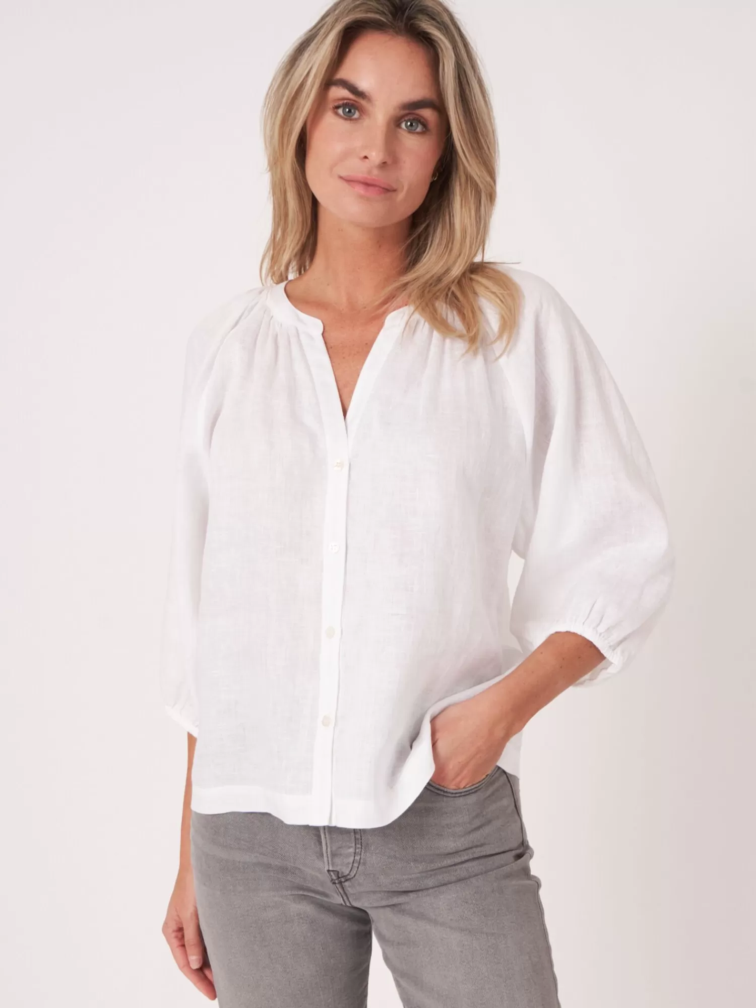 REPEAT cashmere Blusen>Geknopfte Leinenbluse Mit Puffarmeln White