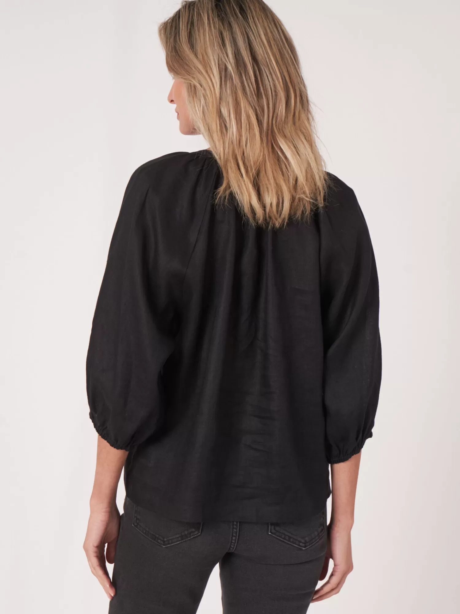 REPEAT cashmere Blusen>Geknopfte Leinenbluse Mit Puffarmeln Black