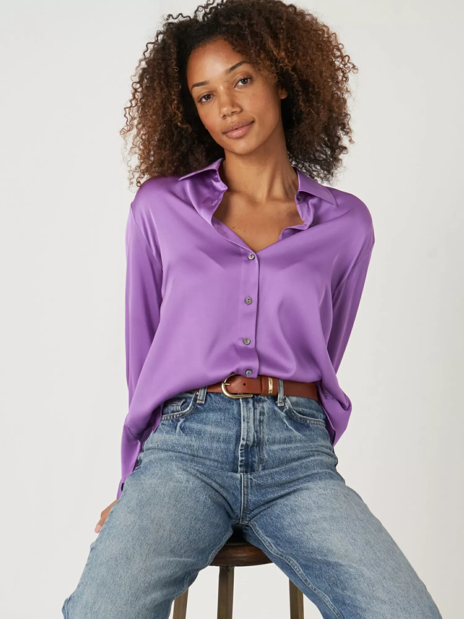 REPEAT cashmere Blusen>Hemdbluse Mit Brusttasche Und Seitenschlitzen Aus Seide Lilac