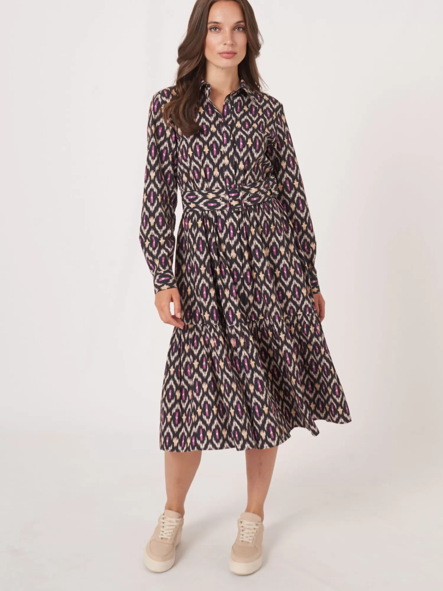 REPEAT cashmere Kleider & Röcke>Hemdkleid Aus Baumwolle Mit Ikat-Print Und Gurtel Black