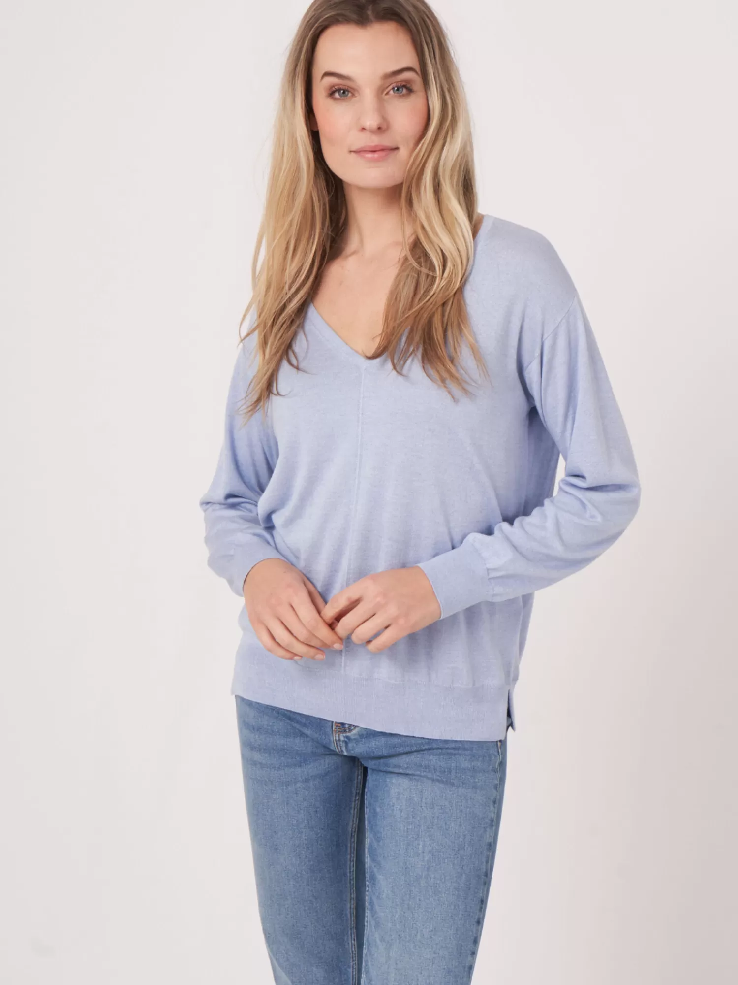 REPEAT cashmere Pullover>Kaschmir-Seidenmischung Pullover Mit V-Ausschnitt Sky