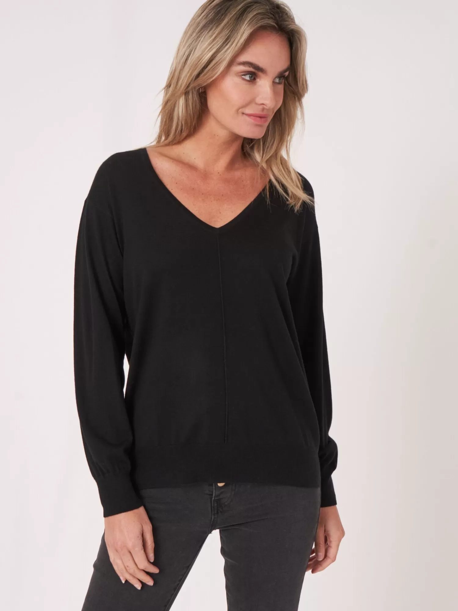 REPEAT cashmere Pullover>Kaschmir-Seidenmischung Pullover Mit V-Ausschnitt Black