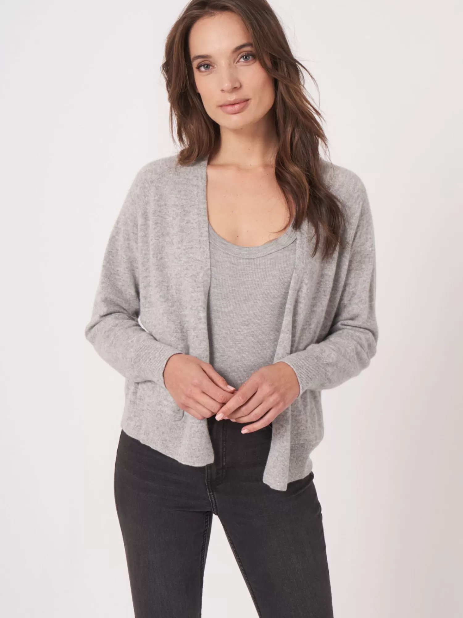 REPEAT cashmere Organisches Kaschmir>Kaschmir-Strickjacke Mit Offener Vorderseite Und Taschen Silver Grey