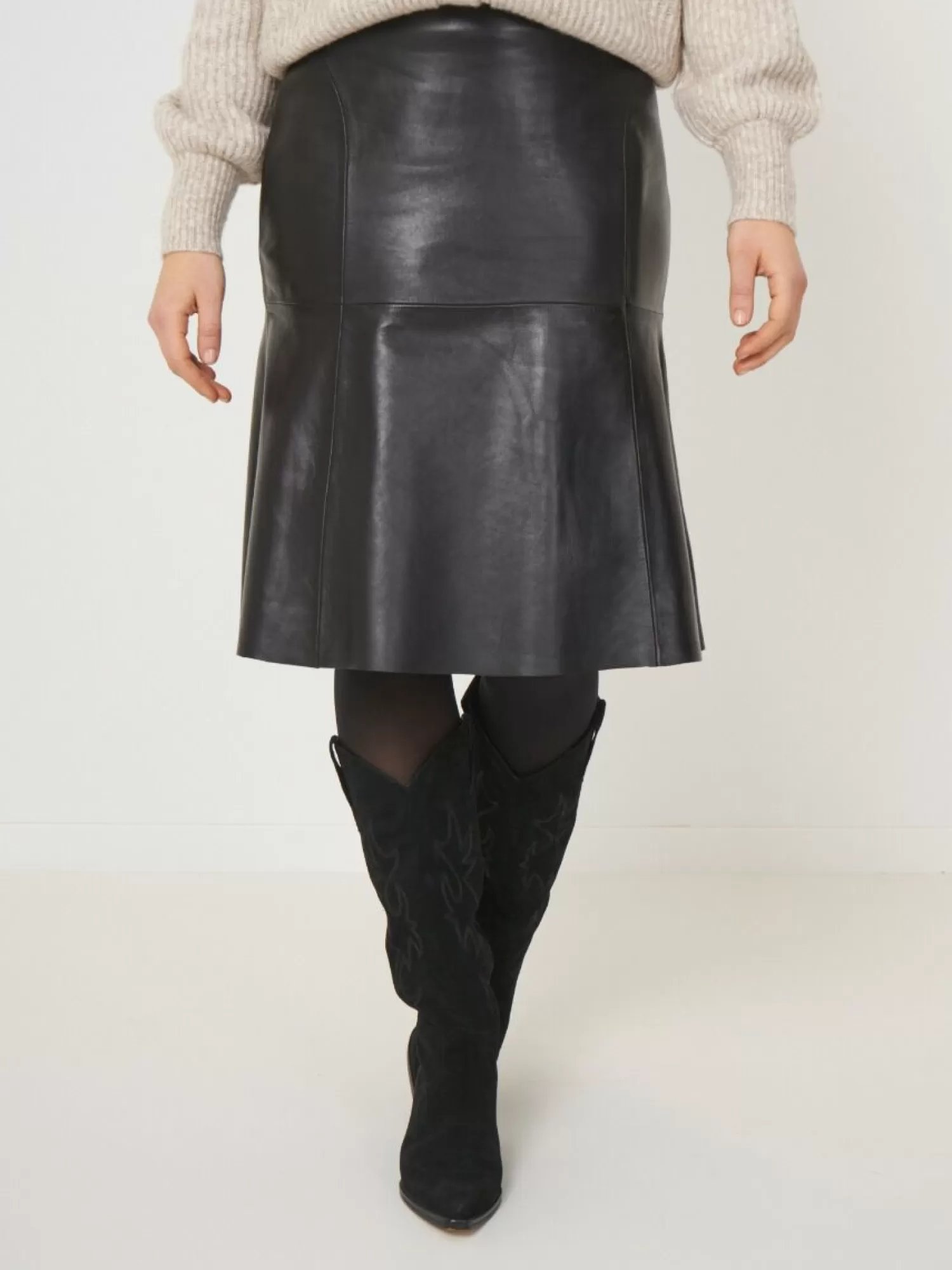 REPEAT cashmere Leder>Knielanger A-Linien-Lederrock Black