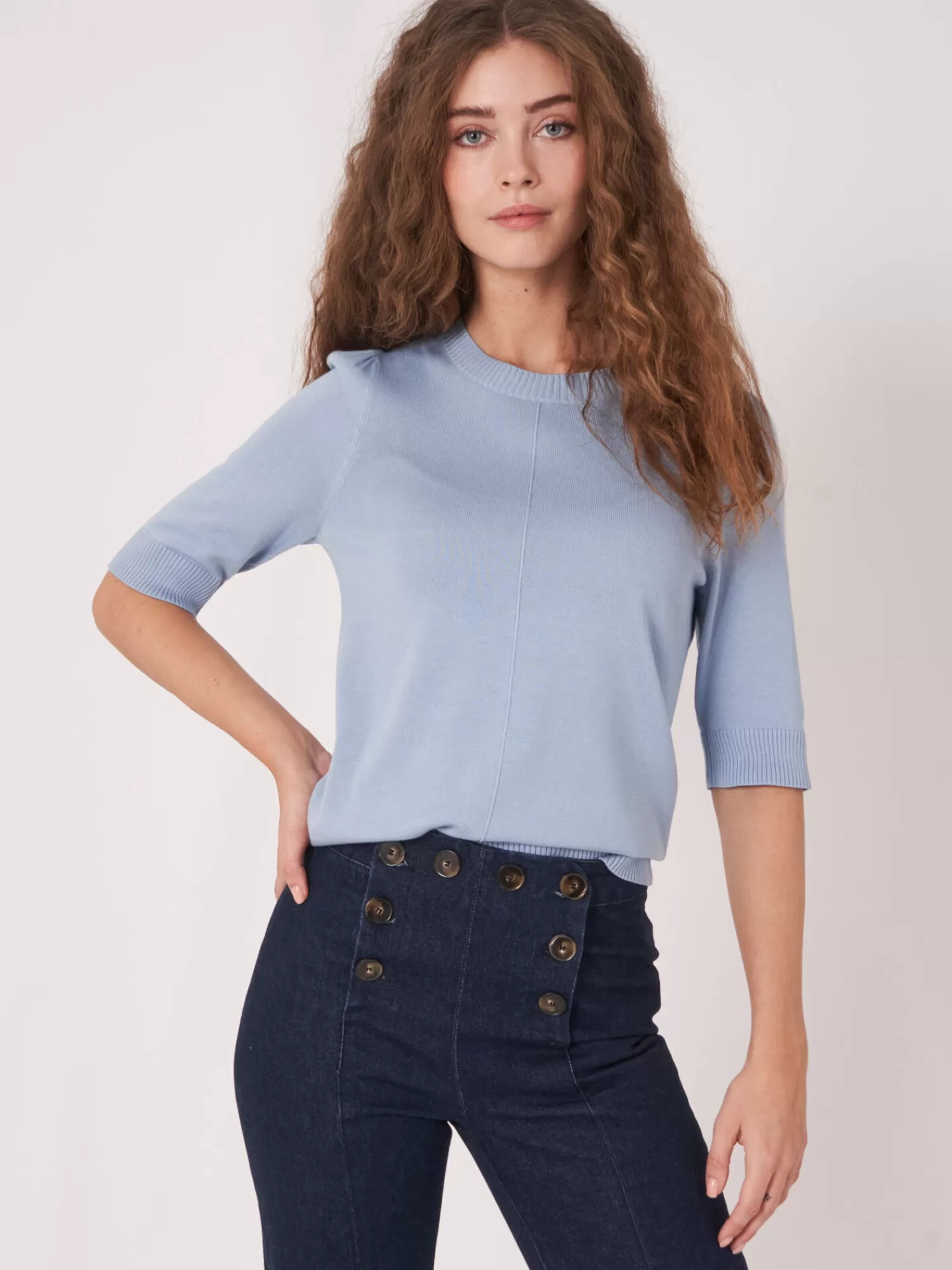 REPEAT cashmere Pullover>Kurzarm-Pullover Aus Baumwollmischung Lt Blue