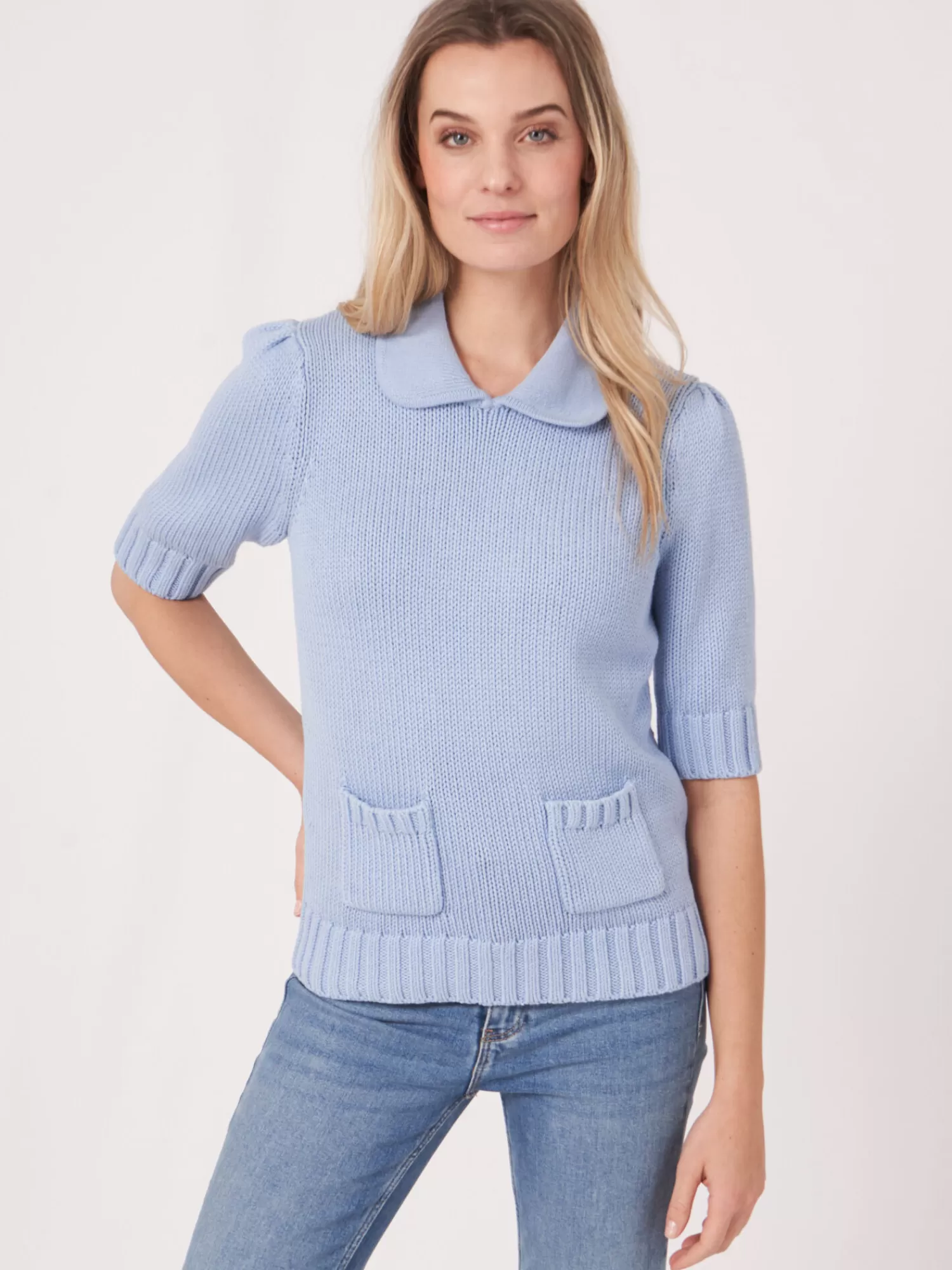 REPEAT cashmere Pullover>Kurzarm-Pullover Aus Größem Rippenstrick Lt Blue