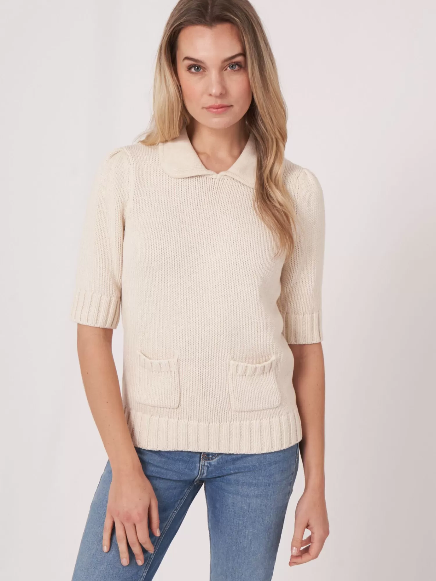 REPEAT cashmere Pullover>Kurzarm-Pullover Aus Größem Rippenstrick Ivory