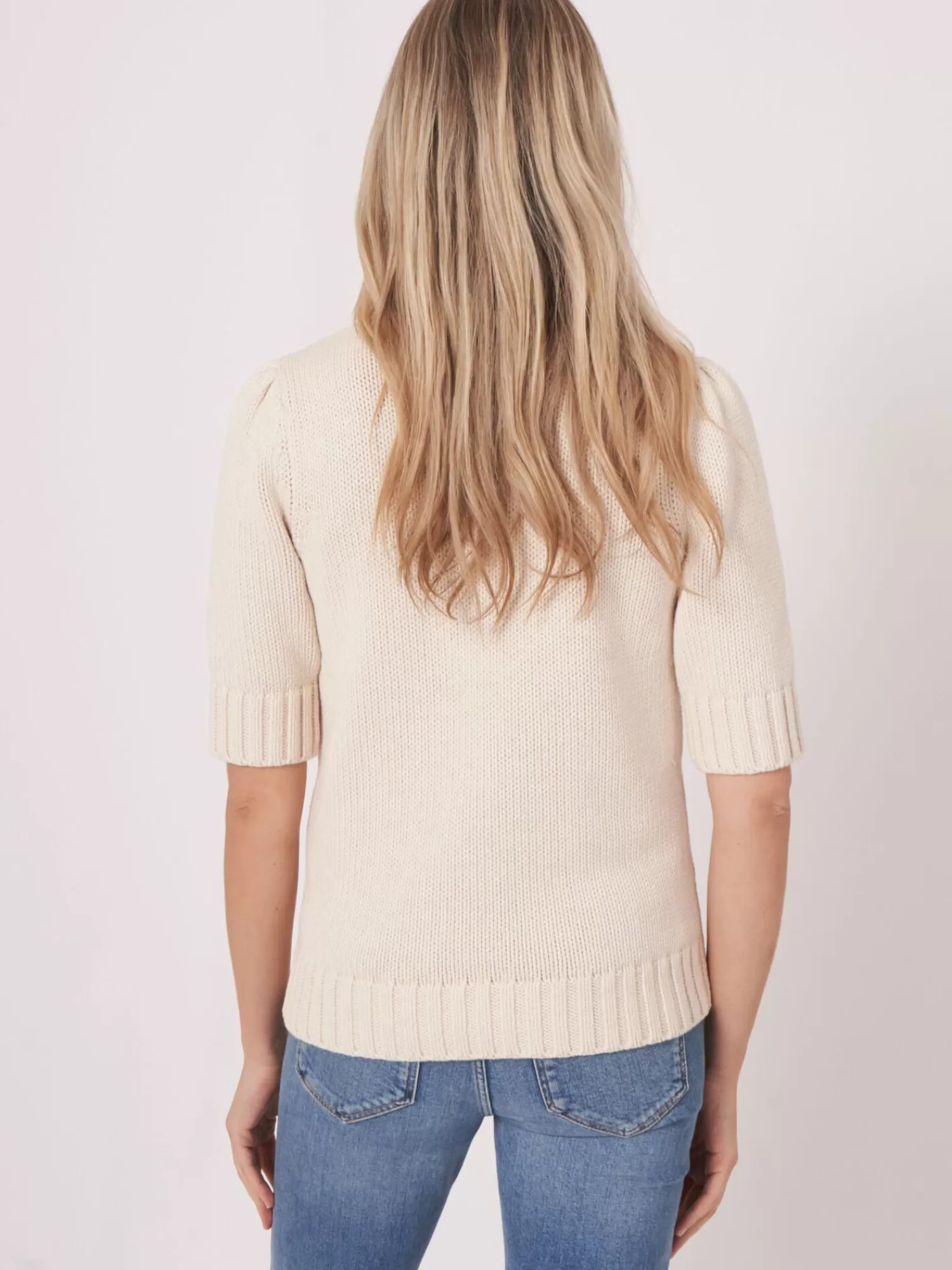 REPEAT cashmere Pullover>Kurzarm-Pullover Aus Größem Rippenstrick Ivory