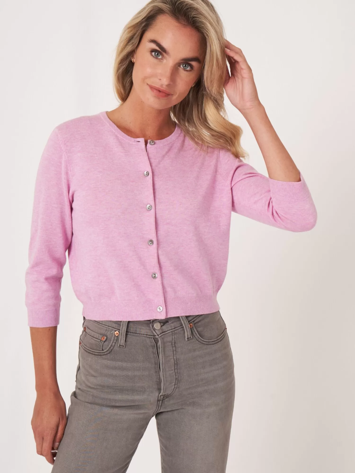 REPEAT cashmere Strickjacken>Kurzer Cardigan Mit Rundhalsausschnitt Aus Organischer Baumwollmischung Orchid